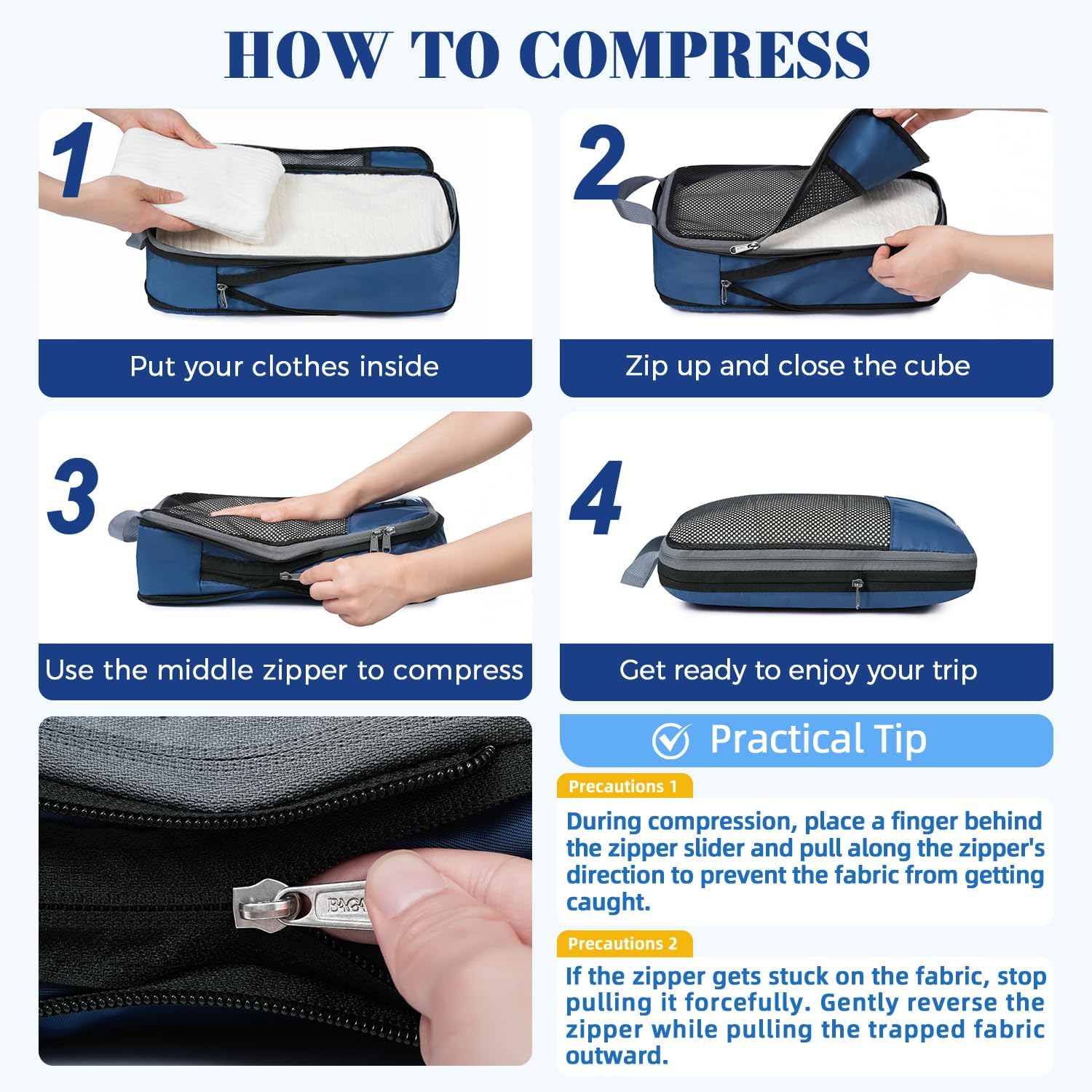 BAGAIL 4 Set/6 Set/8 Set Compression Packing Cubes Travel Accessories Expandable Packing Organizers(HalfMesh,8-Navy)