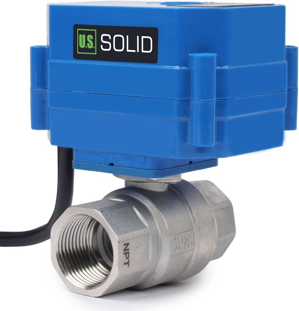 U.S. Solid 3/4" NPT 2-Way Motorized Ball Valve with US Plug 110VAC 304 Stainless Steel Electrical Ball Valve, Auto Return, Normally Closed, IP65, NSF Certified