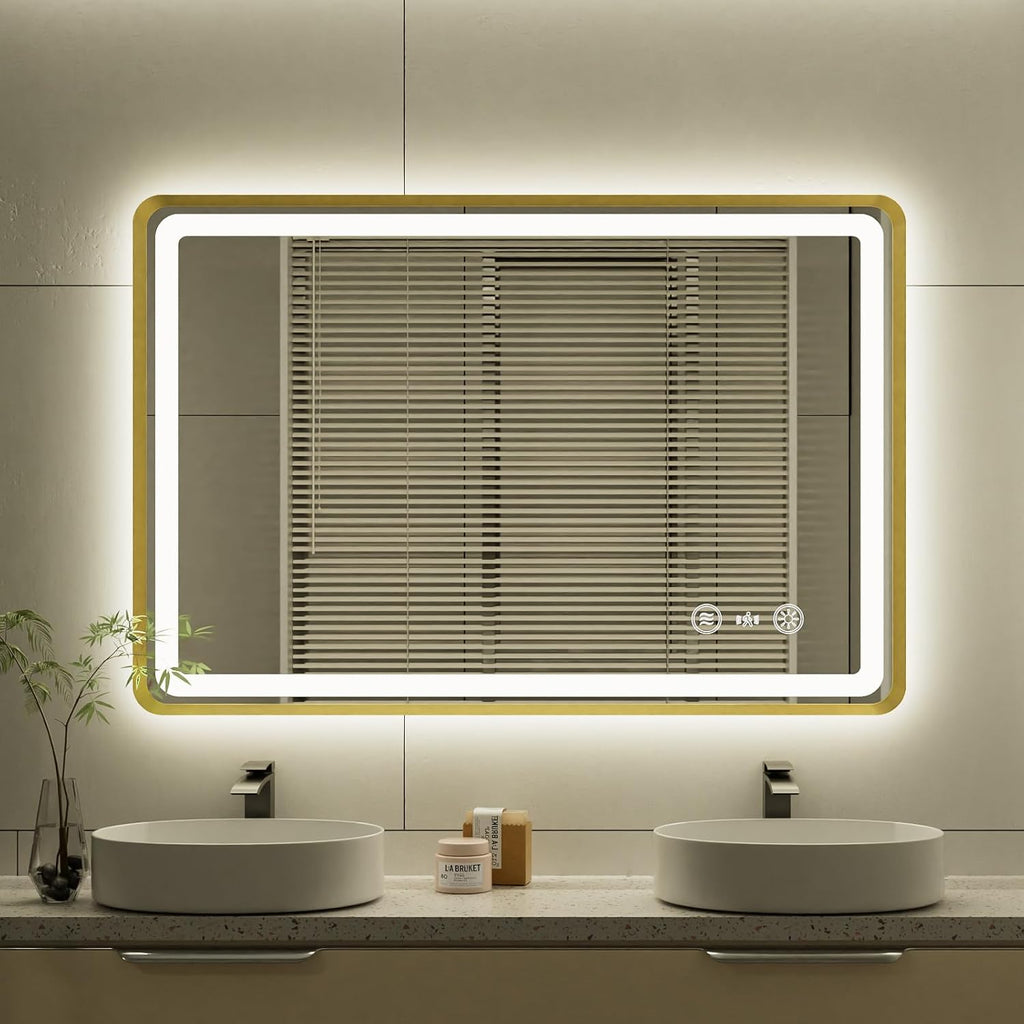 24x36 Inch Gold Framed LED Bathroom Mirror, Smart Bathroom Mirror with Motion Sensor Lights, Anti Fog, Stepless Dimmable & 3 Colors Temperature Adjustment, LED Vanity Mirror for Wall