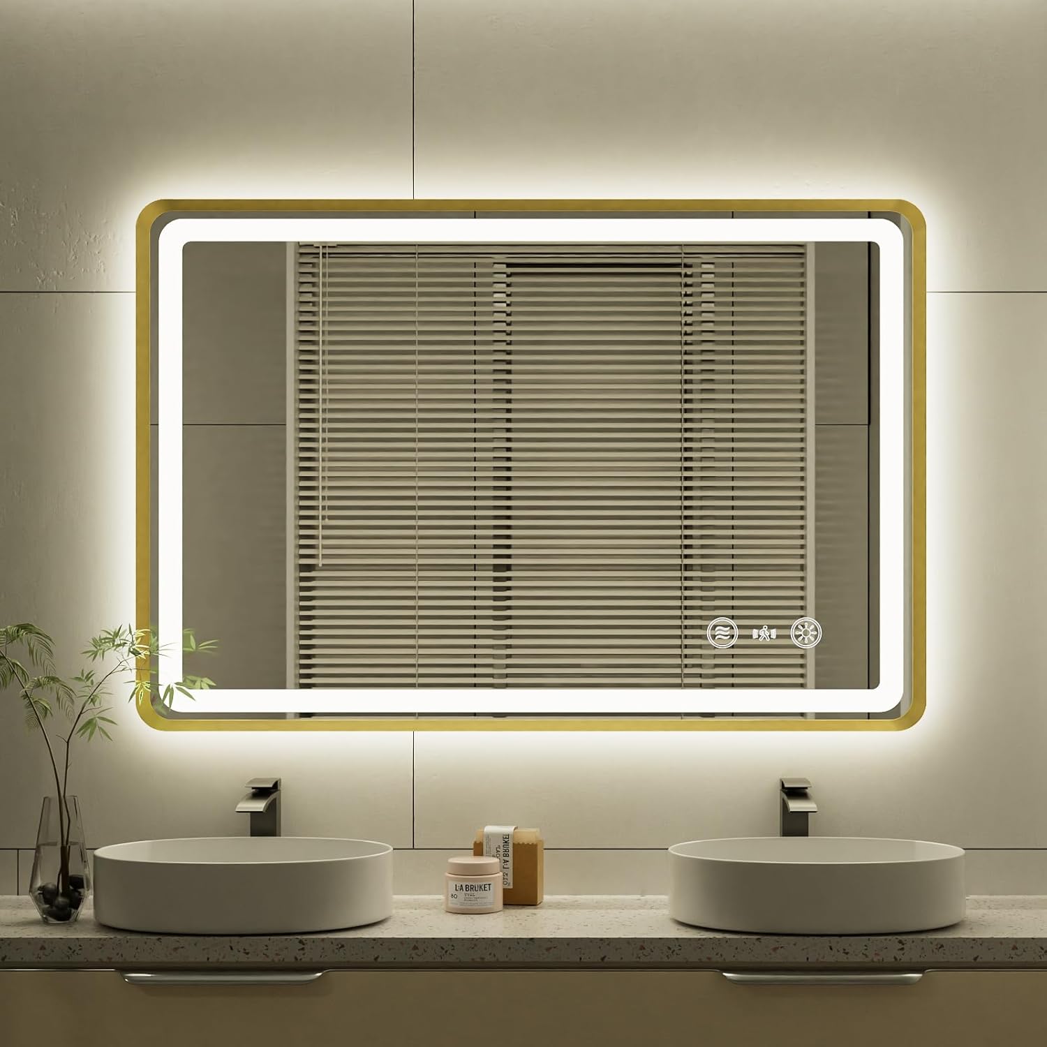 24x36 Inch Gold Framed LED Bathroom Mirror, Smart Bathroom Mirror with Motion Sensor Lights, Anti Fog, Stepless Dimmable & 3 Colors Temperature Adjustment, LED Vanity Mirror for Wall