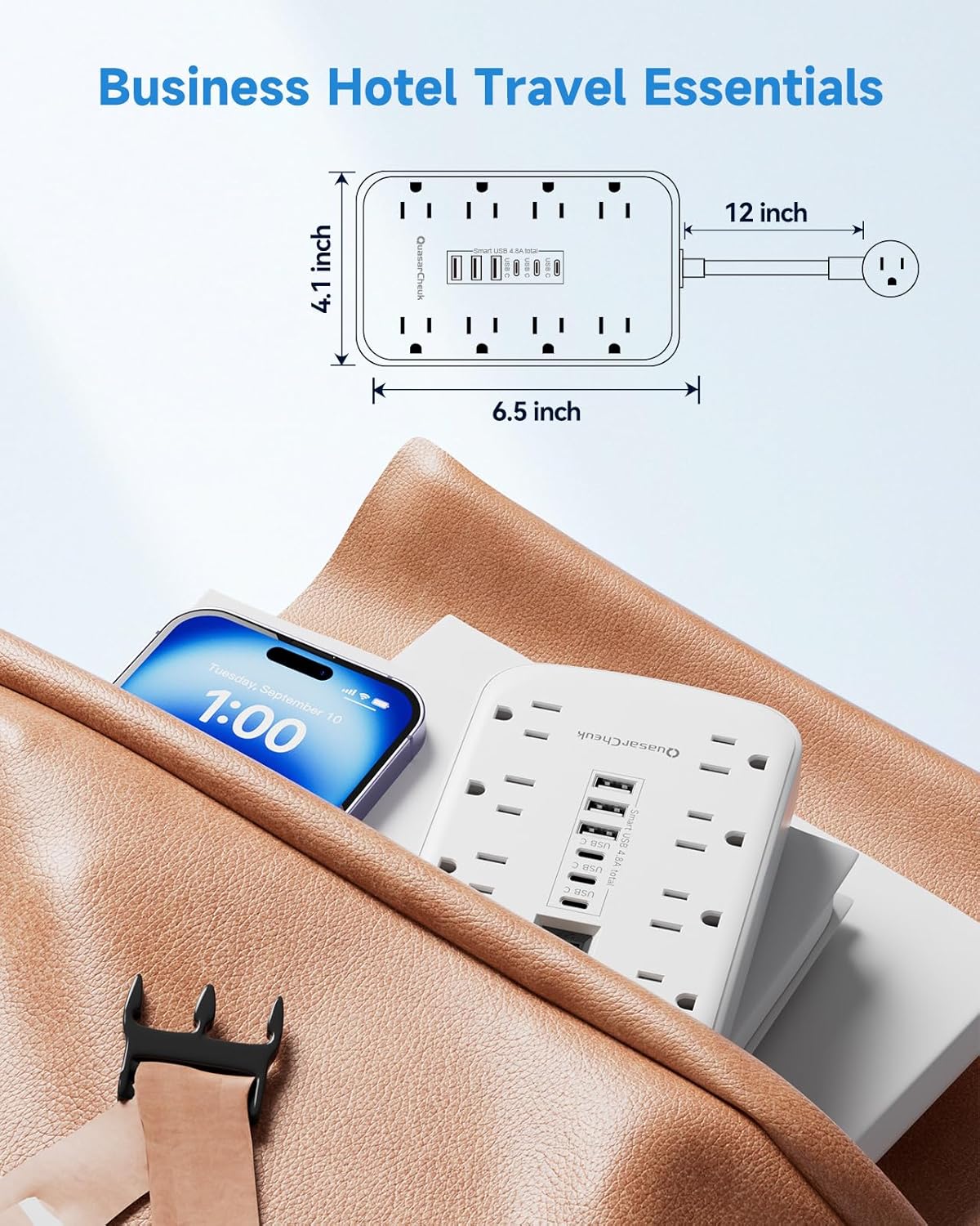 Short Extension Cord 1 ft - Small Power Strip Flat Outlet Extender Surge Protector with 8 AC Outlets 6 USB (5V/4.8A 24W), Mini Extension Cord Flat Wall Plug for Home Office Dorm Kitchen Bathroom