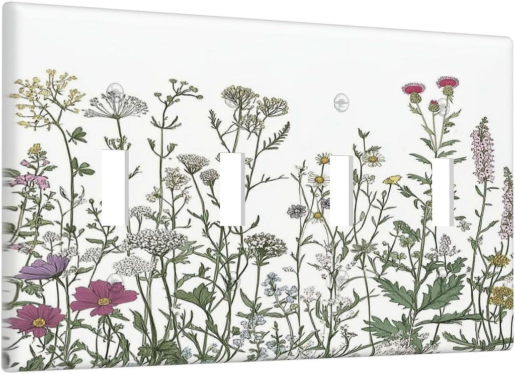 Vintage Herbs Wildflowers Plant Floral Light Switch Covers Quad Toggle Electrical Faceplate 4 Gang Wall Plate Decorative Switch Plates For Bed Room Home Decor