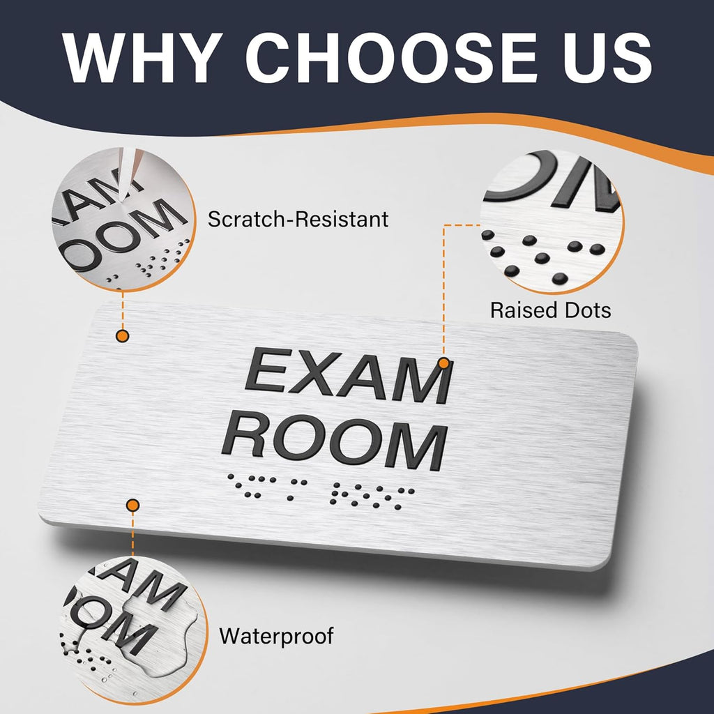 Exam Room Signs with Raised Text & Grade 2 Braille –,Easy Installation with Adhesive Pad – Brushed Aluminum/Silver Finish Easy Install with Double-Sided Tape