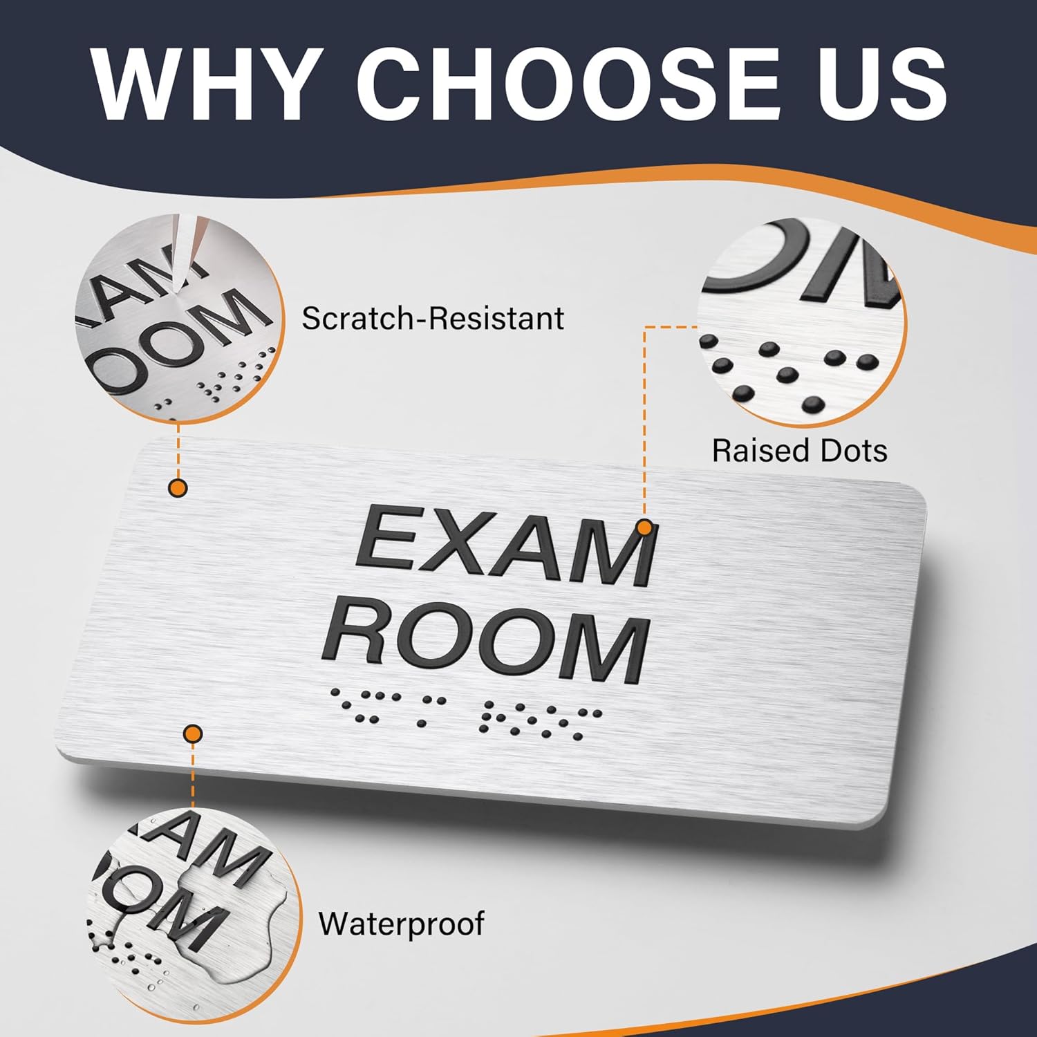 Exam Room Signs with Raised Text & Grade 2 Braille –,Easy Installation with Adhesive Pad – Brushed Aluminum/Silver Finish Easy Install with Double-Sided Tape