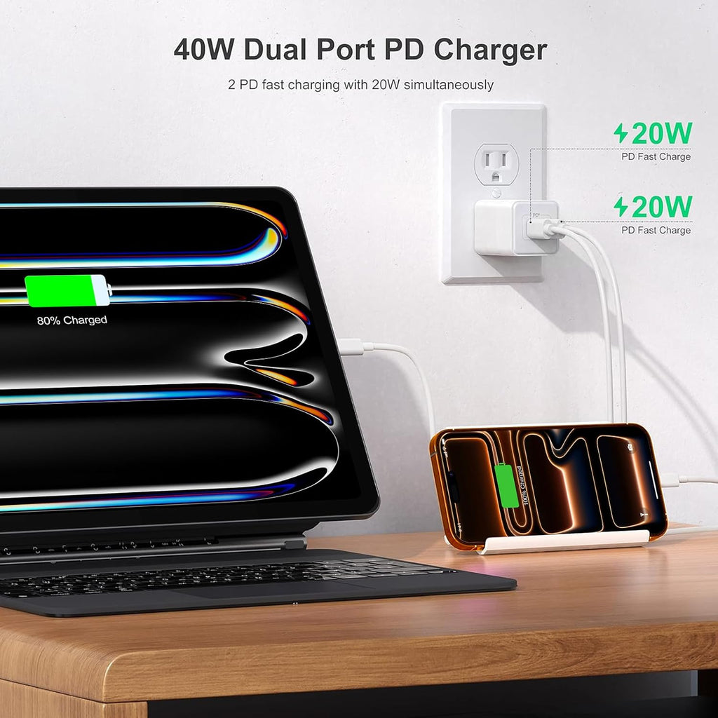 USB C Wall Charger 40W, 1 Pack Dual Port 20W PD 3.0 Type C Fast Charging Block, Durable Compact Power Adapter for iPhone 11/12/13/14/15/16/17 Pro Max, AirPods4，watch10 ultra2