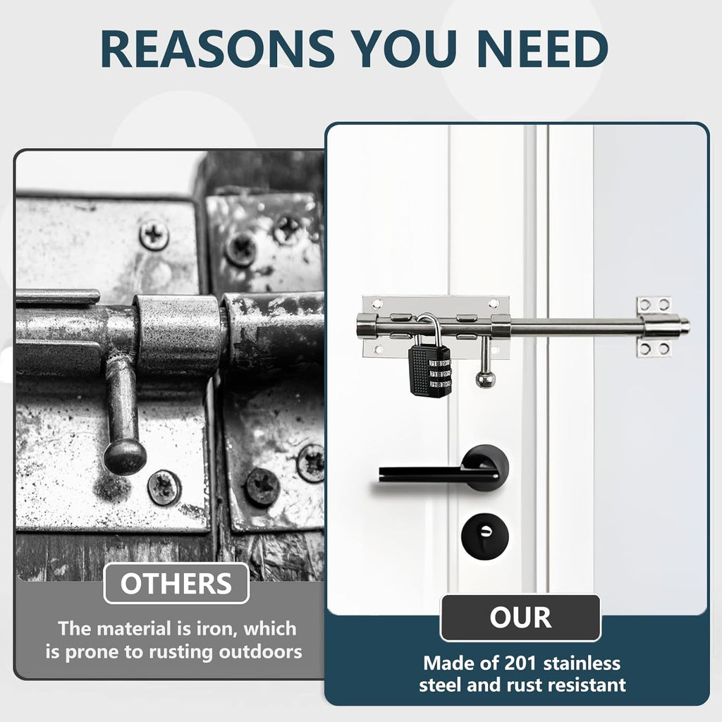 Sliding Bolt Door Latch, 201 Stainless Steel Barrel Bolt Lock, 30mm Combo Padlock Included, Heavy Duty Slide Gate Latch with 12 Screws, Silver Finish