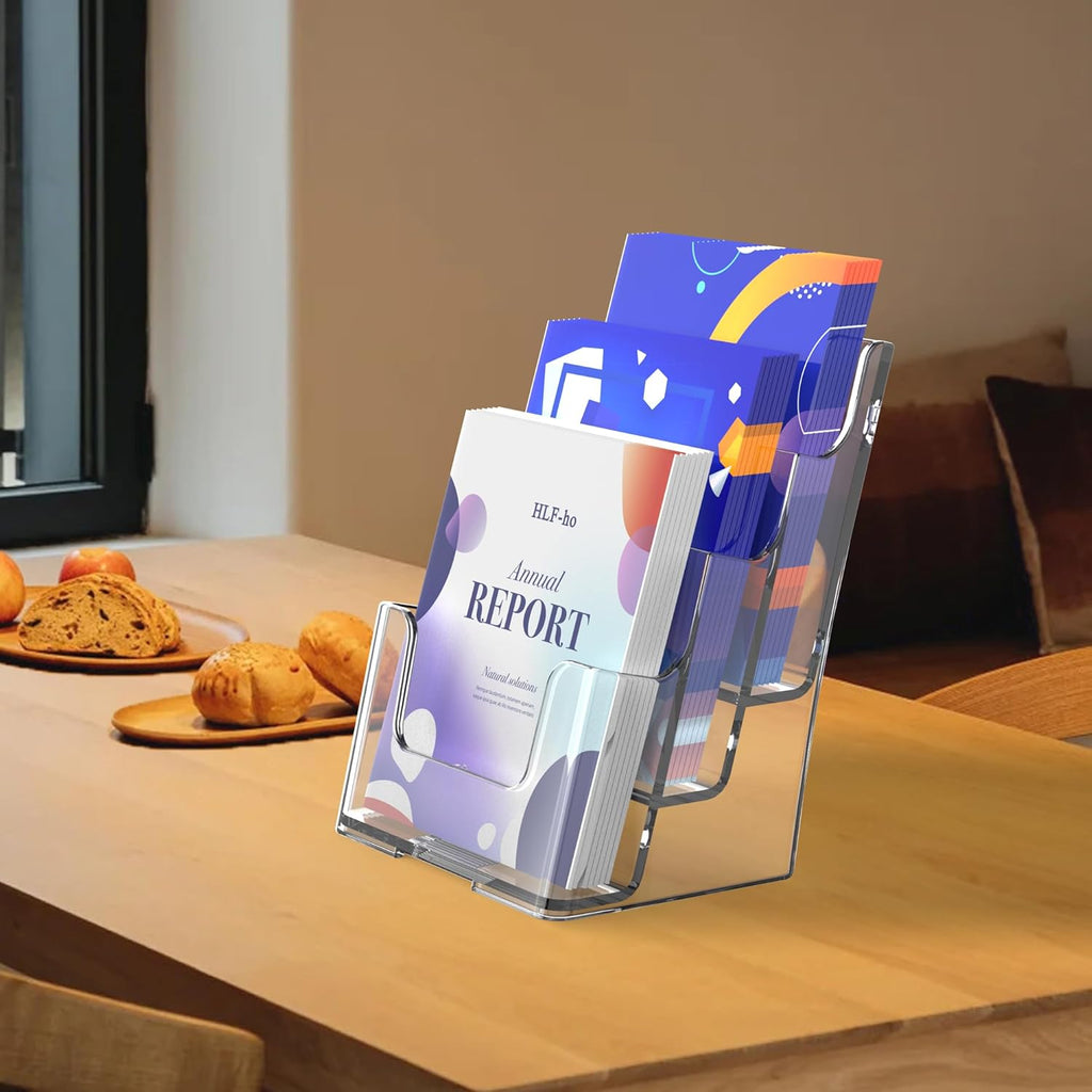 Brochure Holder 6x9 Inch 3 Tier Acrylic Literature Holders Clear Plastic Flyer Display Stand Countertop Use or Wall Mount Pamphlet Holder Organizer for Office, Lobby, Hotel, Trade Show, 2 Pack