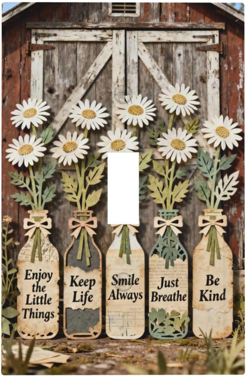 Rustic Daisy Barn Door Flowers 1 Gang Single Toggle Decorative Light Switch Covers Electrical Faceplate Switch Plates for Bathroom Kitchen Home