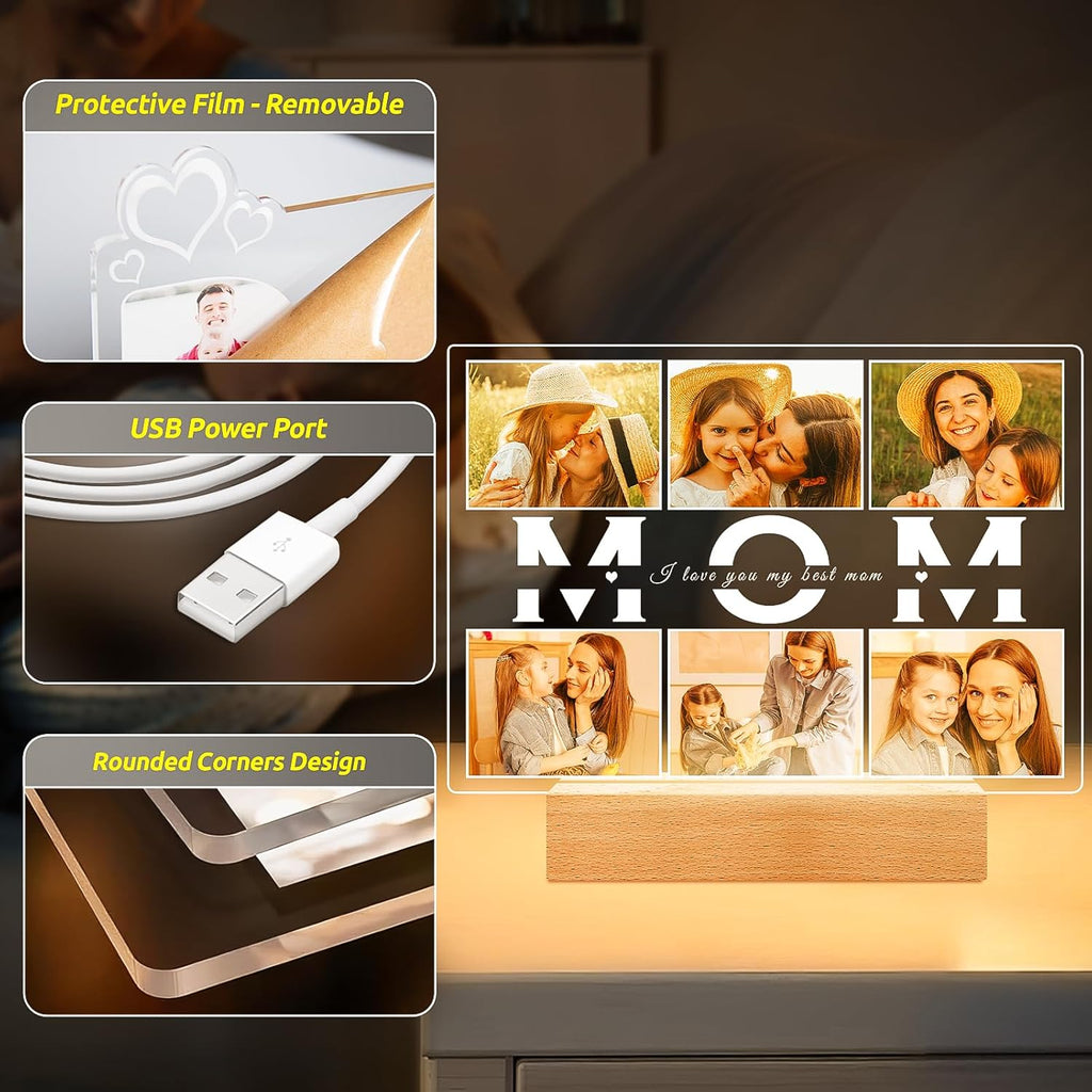 Personalized Gifts for Mom from Daughter Son, Custom Picture Frames with Photo, Customized Photo Frame with Night Light, Personalized Birthday Gifts for Mom