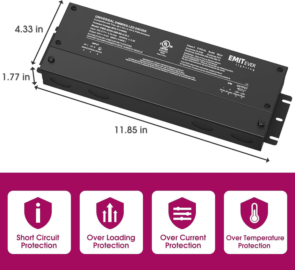 EMITEVER 288W Dimmable LED Driver, 24V 5-in-1 Dimmable Power Supply,3-Channels AC to DC Transformer for LED Light, Compatible with Lutron and Leviton Dimmer, Waterproof IP67 and UL Listed, Class 2