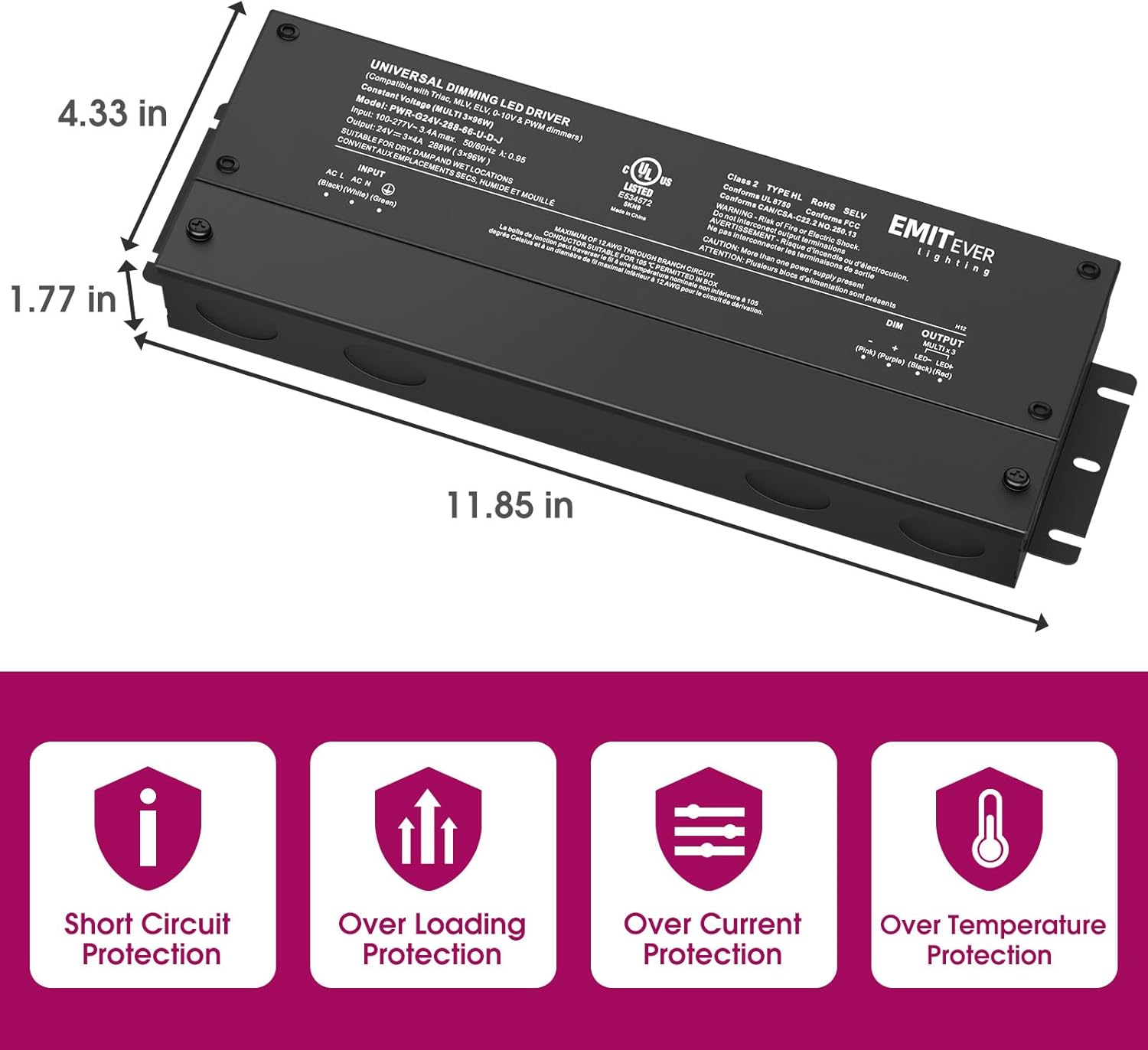 EMITEVER 288W Dimmable LED Driver, 24V 5-in-1 Dimmable Power Supply,3-Channels AC to DC Transformer for LED Light, Compatible with Lutron and Leviton Dimmer, Waterproof IP67 and UL Listed, Class 2