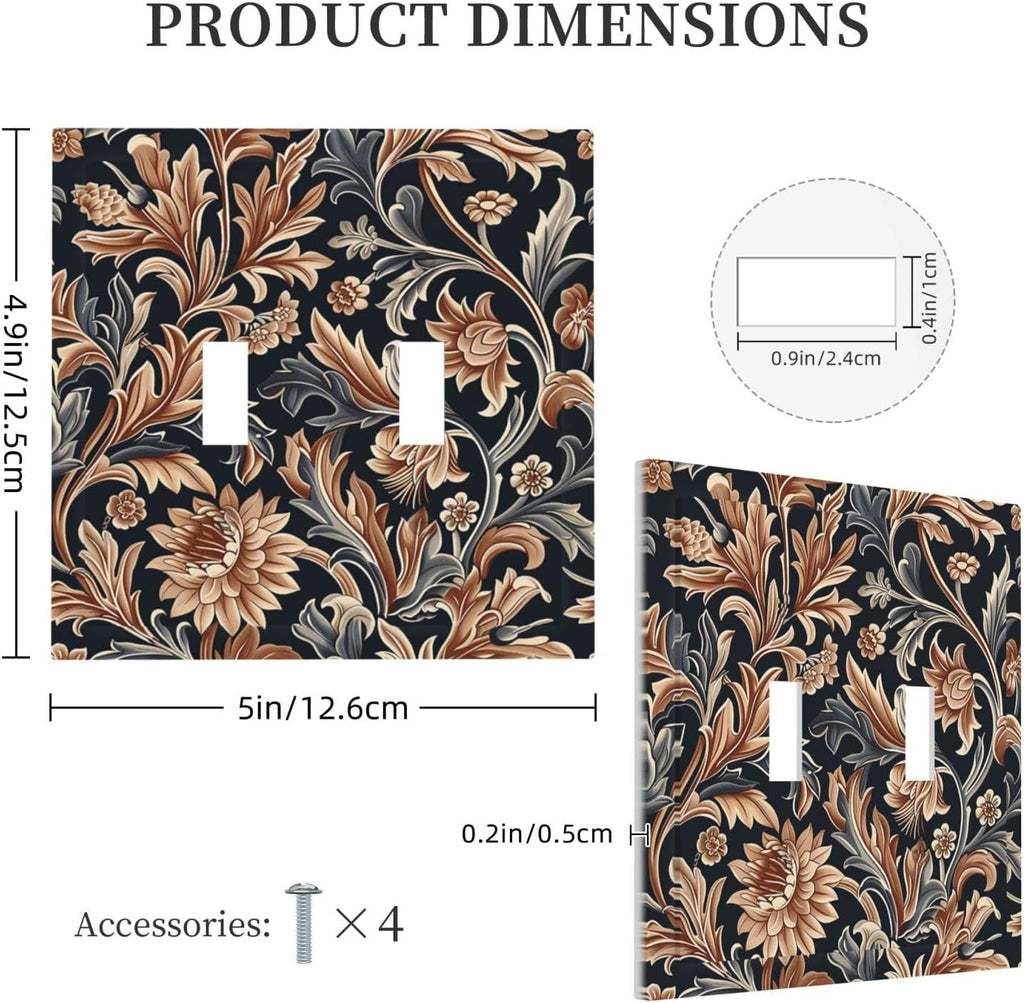 Decorative Switch Plates Vintage Grey Plant Leaves Brown Flowers 2 Gang Double Toggle Outlet Light Switch Cover Wall Plate Electrical Faceplate for Bedroom Home Decor