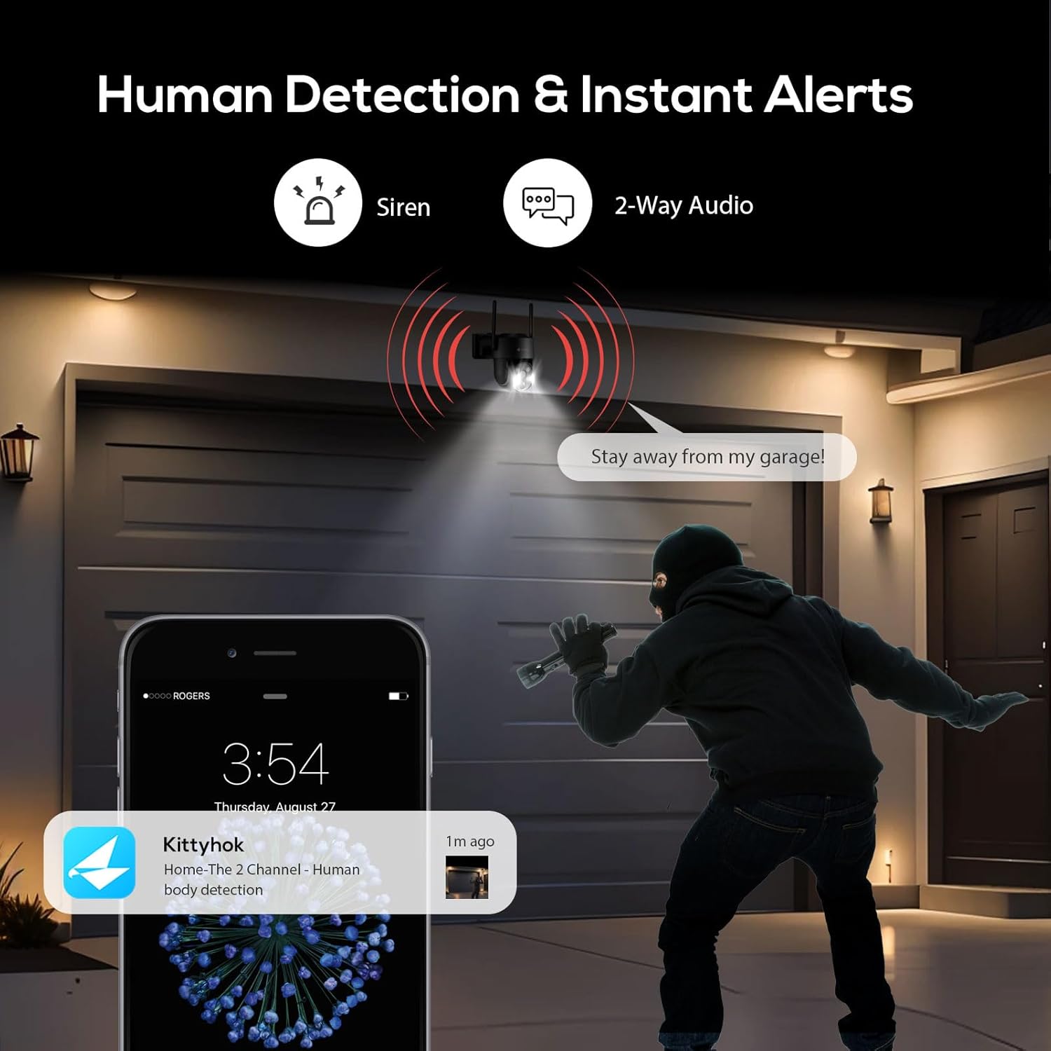 Kittyhok Black Solar Security Cameras Wireless Outdoor System, 5G/2.4G WiFi, 4pcs 2K Ultra Pan/Tilt Home Solar Security Camera with Human Detection, Spotlight, 10CH WiFi-6 NVR, 60 Days Local Storage