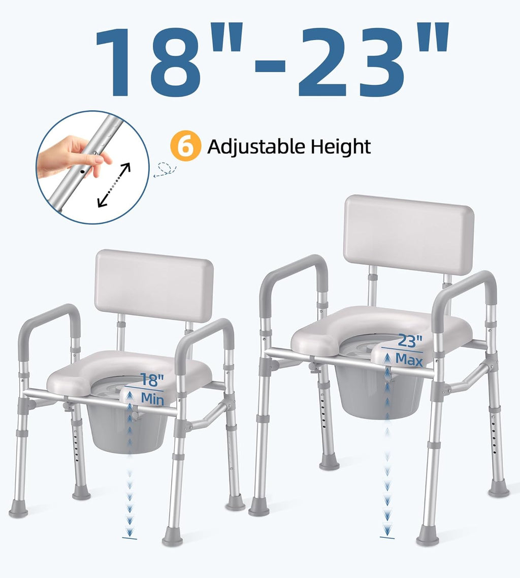 HOMLAND Bedside Commode with Padded Seat and Backrest, Aluminum Commode Toilet with Bucket, Easy Cleaning Portable Toilet for Adults and Seniors, 350 lb Capacity Enhanced Crossbar