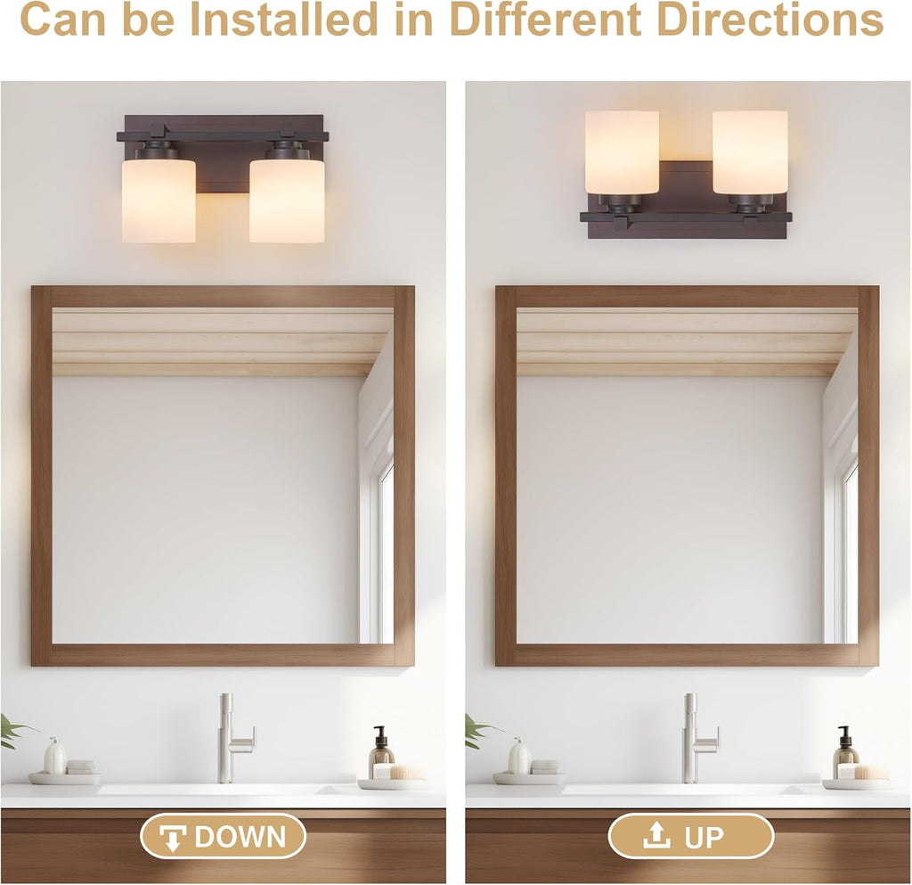2 Light Modern Bathroom Light Fixtures Over Mirror, Bronze Finish Vanity Lights for Bathroom Wall Sconces with Milky White Glass Shades, E26 Socket (Bulbs Not Included)