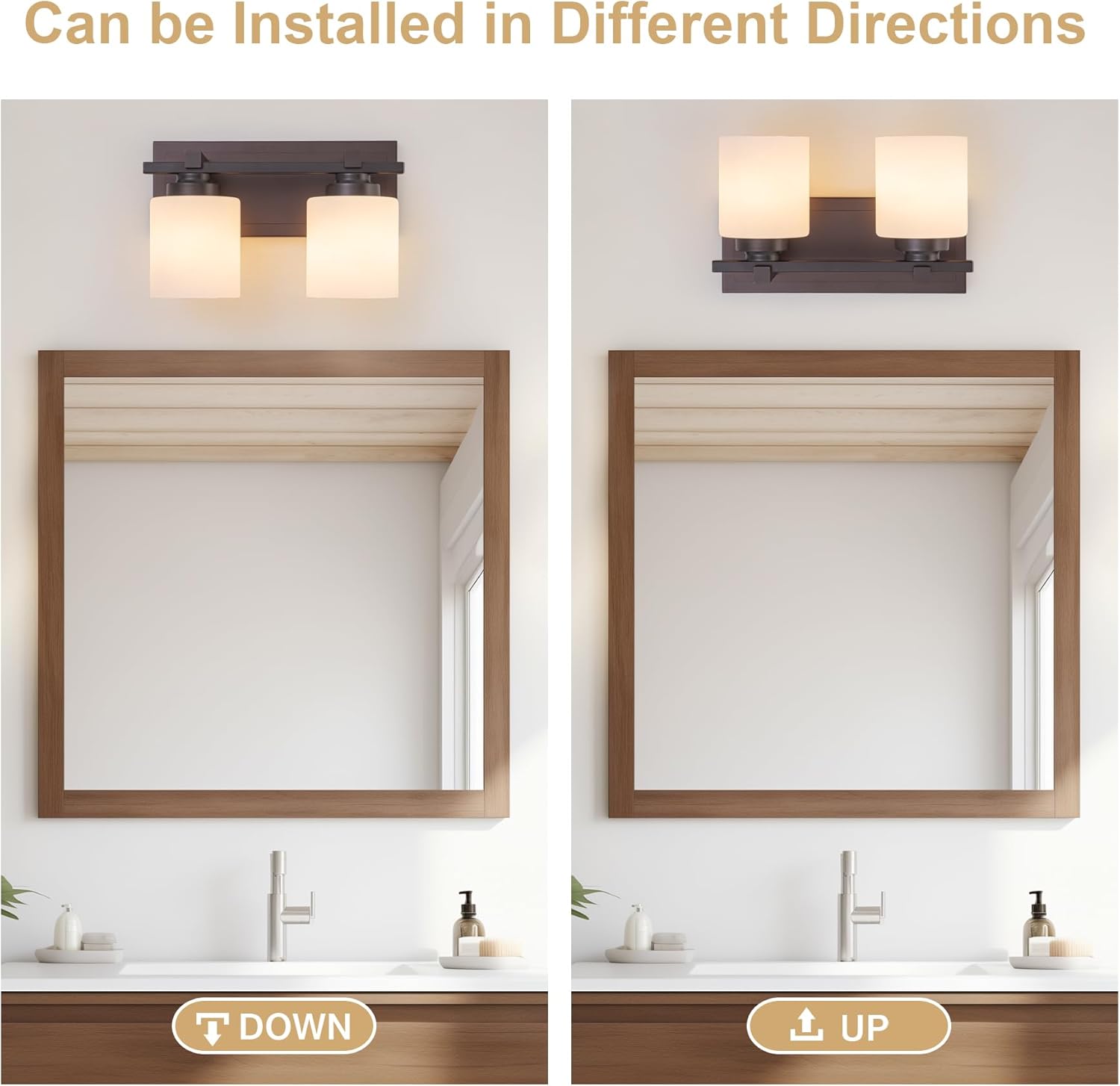 2 Light Modern Bathroom Light Fixtures Over Mirror, Bronze Finish Vanity Lights for Bathroom Wall Sconces with Milky White Glass Shades, E26 Socket (Bulbs Not Included)