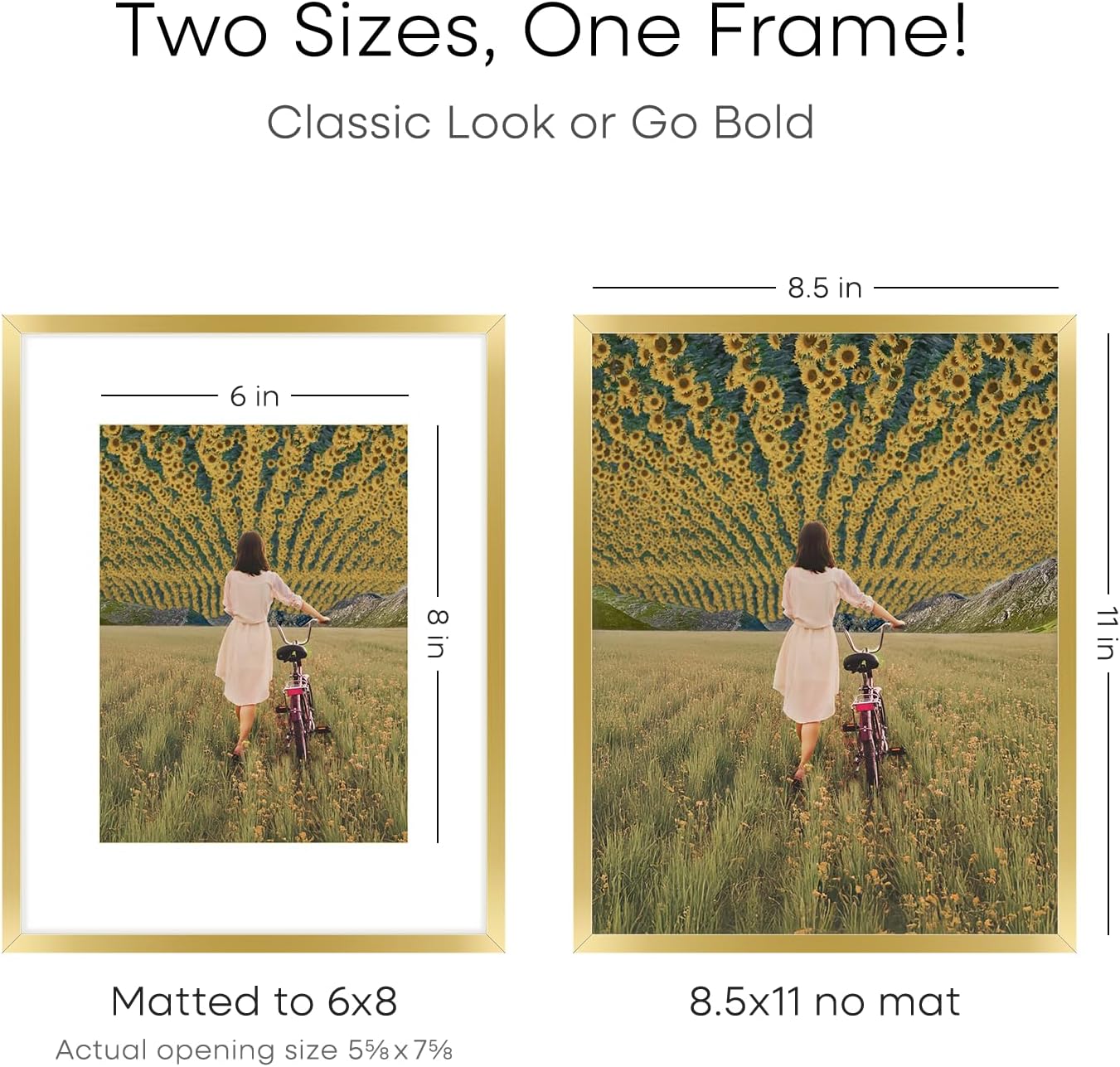 Homeforia 8.5 by 11 Picture Frame Gold, High End Metal 8.5x11 Poster Frames with Mat 6x8 Photo, 8.5 x 11 Frame Matted to 6 x 8 Print, 8.5by11 Wall or Tabletop Frame, Tempered Glass, Wall Kit, Set of 2