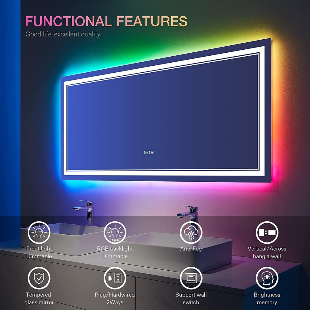 55x30 Inch RGB LED Mirror for Bathroom, RGB Backlit and Front Lighted Bathroom Mirror, Large Dimmable Vanity Mirror with Lights,Anti-Fog, Memory,ETL Listed, Wall Mounted