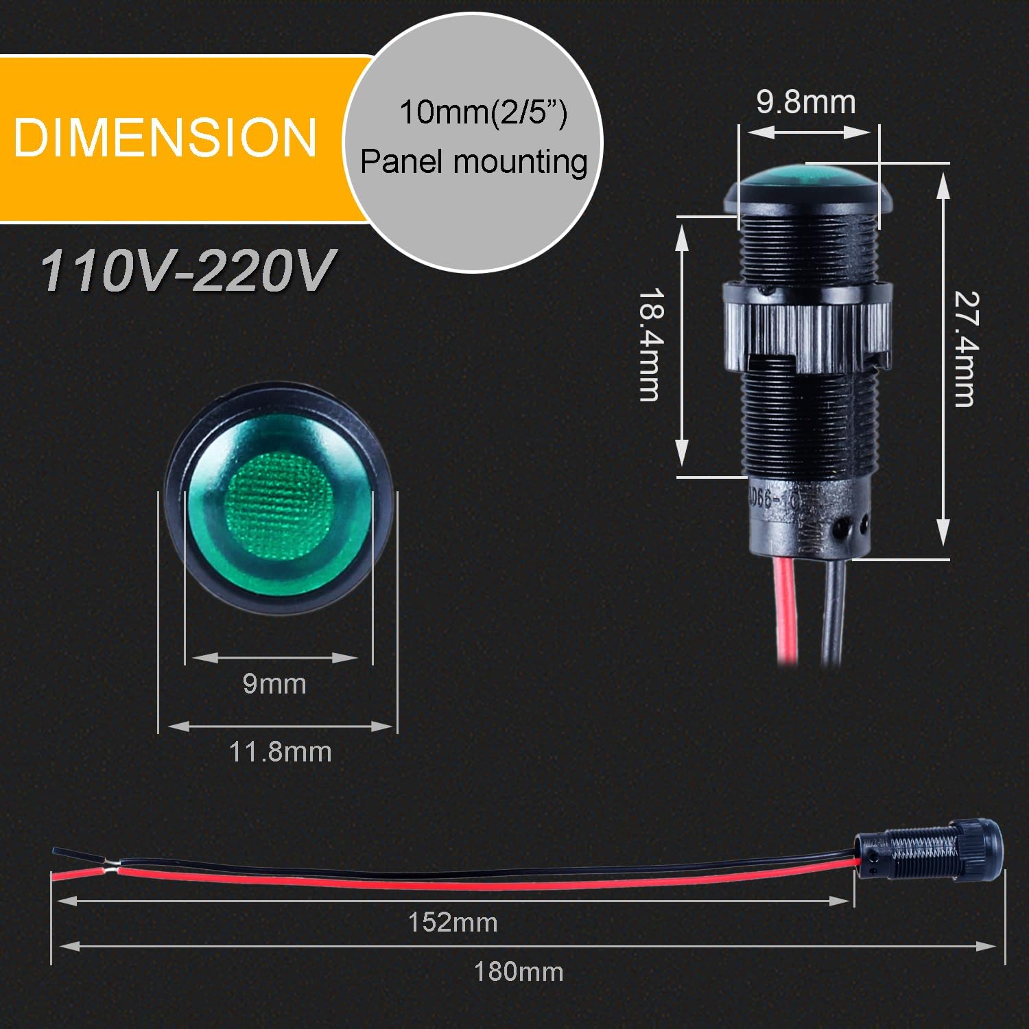 5pcs 10mm LED Indicator Light Plastic Black Signal Dot Lamp 110-220VAC 2/5" Mounting Hole Size with 15cm/5.9in. Wire (Green LED)