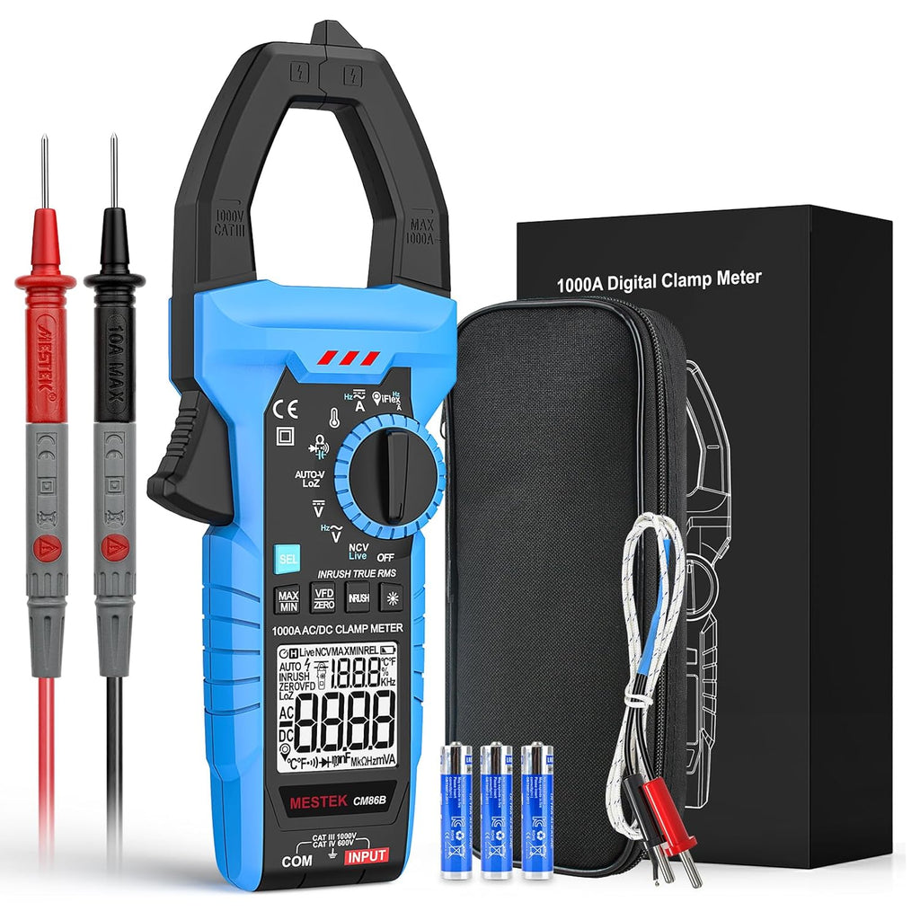 MESTEK Inrush Digital Clamp Meter, TRMS 6000 Counts Multimeter Voltage Tester with VFD & LOZ Mode, 1000A AC/DC Current Amp Meter with Resistance, Capacitance, Diodes, Continuity, Temperature, NCV