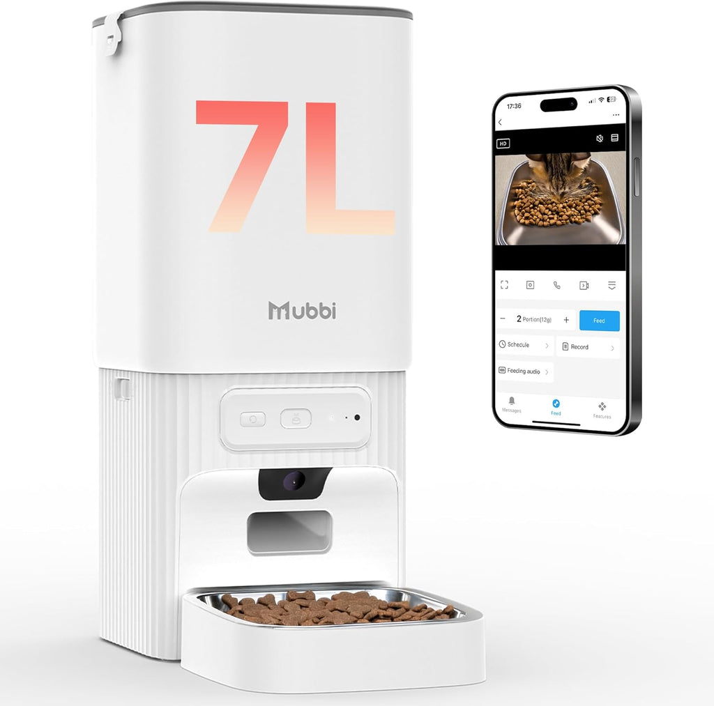 Automatic Cat Feeder with Camera, 5G WiFi Automatic Dog Feeder, 7L Cat Food Dispenser with Night Vision, 1-15 Meals, 1-99 Portions, 2-Way Audio, Jam Free, Ideal for Multiple Pets