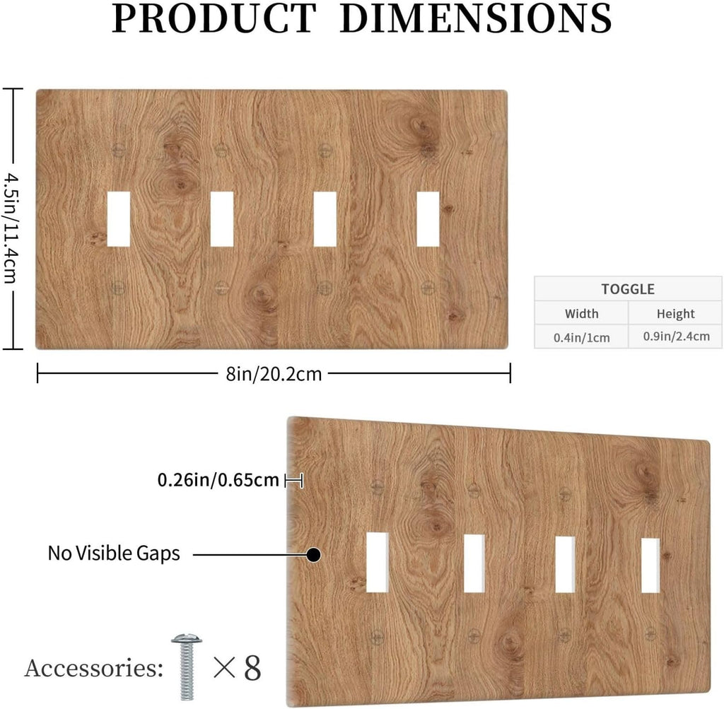 Light Switch Covers Vintage Rustic Wood Color Brown Wood Grain Quad Toggle 4 Gang Wall Plate Electrical Faceplate Decorative Switch Plates for Farmhouse Cabin Decor