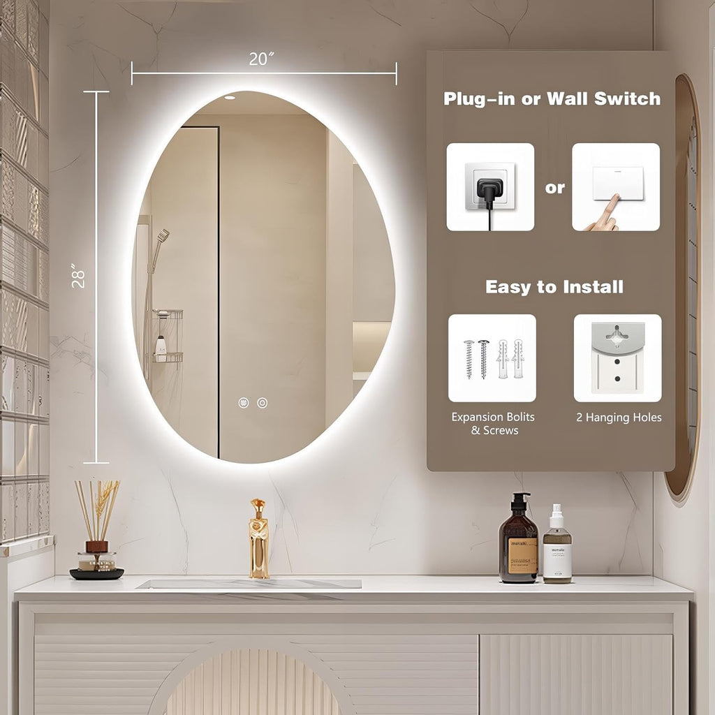 Niccy Irregular LED Bathroom Mirror, 20"x28" Asymmetrical Backlit Vanity Wall Mirrors, Frameless Lighted Mirrors for Bedroom, Living Room, Modern Smart-Mirror with Anti-Fog, Dimmable, Memory Function
