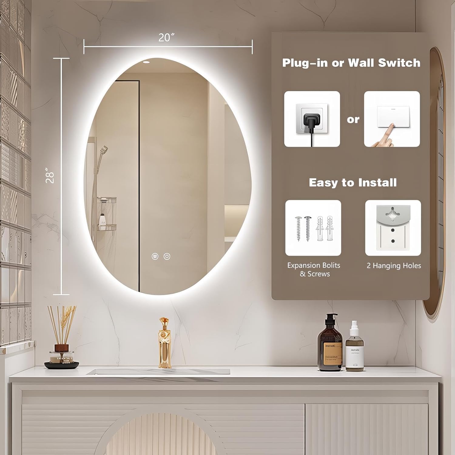 Niccy Irregular LED Bathroom Mirror, 20"x28" Asymmetrical Backlit Vanity Wall Mirrors, Frameless Lighted Mirrors for Bedroom, Living Room, Modern Smart-Mirror with Anti-Fog, Dimmable, Memory Function
