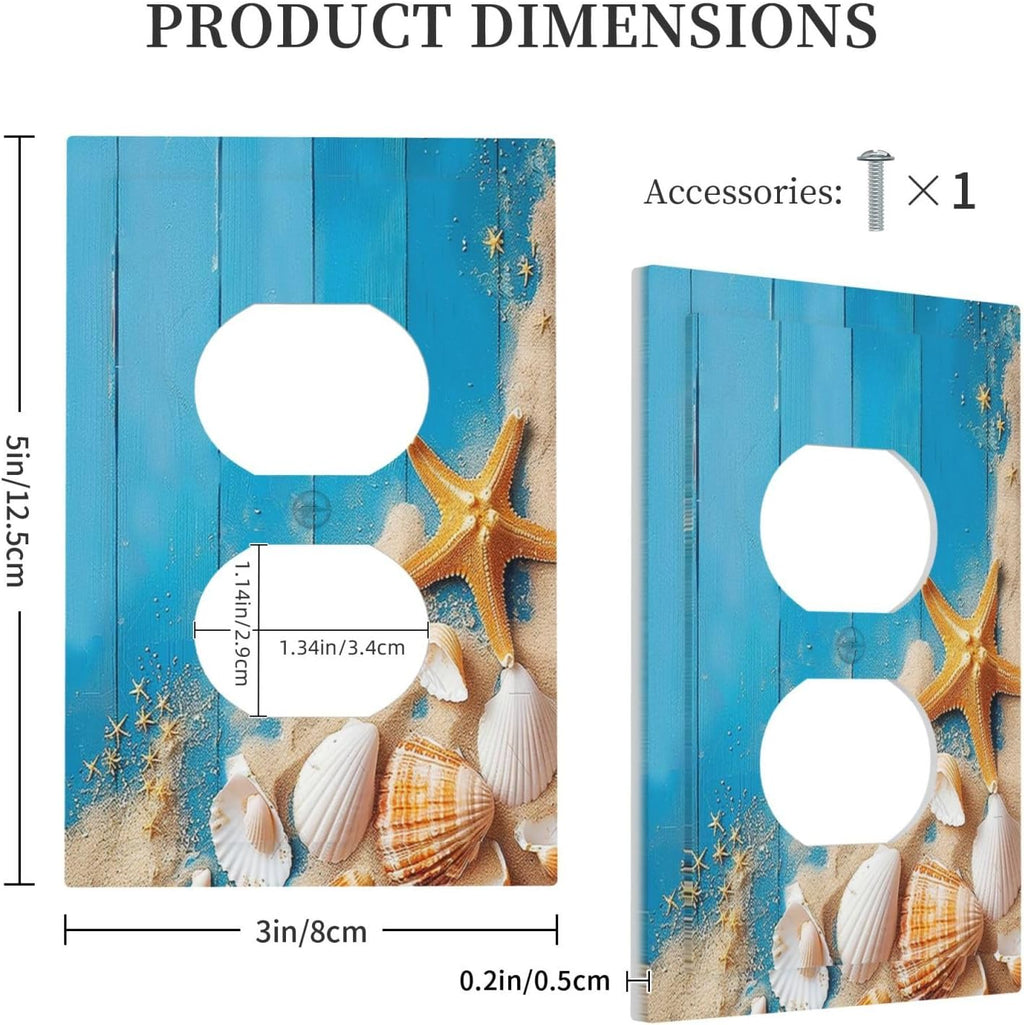 Outlet Covers Blue Wood Grain Beach Shell Starfish 1 Gang Duplex Wall Plate Decorative Switch Plates Electrical Receptacle Faceplate Light Switch Cover for Bathroom Farmhouse Decor