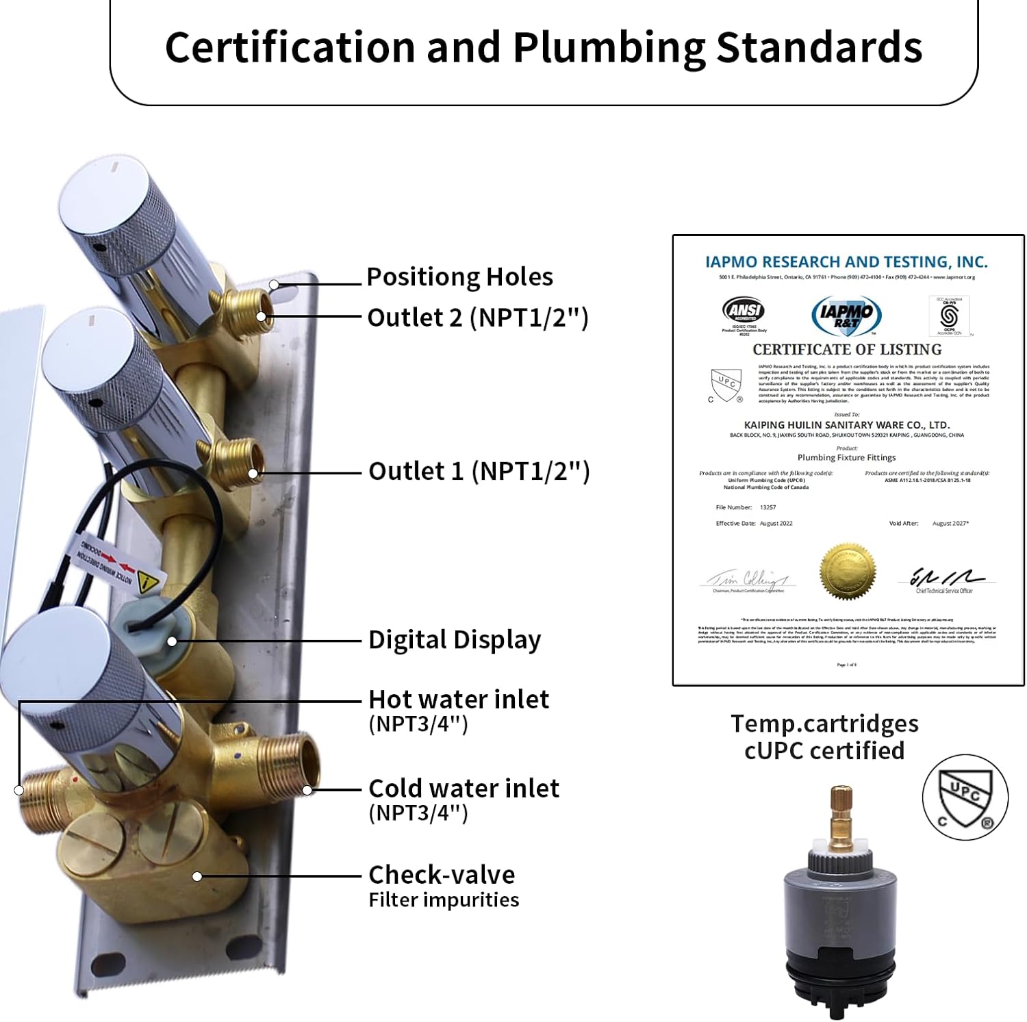 HONGTONGSOWER 2 Way Shower Diverter Valve Brass 2 Functions Digital Temperature Display Thermostatic Shower Mixing Valve Kit 3 Handle Flow Cotrol Valve, Can Run Simultaneously Chrome