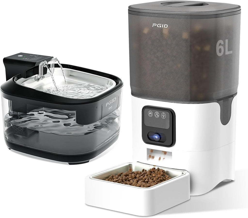 FGID Automatic Cat Feeder and Water Fountain,Cordless or Battery Cat Food Dispenser Timer Pet Feeder Dog Feeders w Camera,Programmable Portion Control, 4 Daily Meals, 10s Voice Recorder