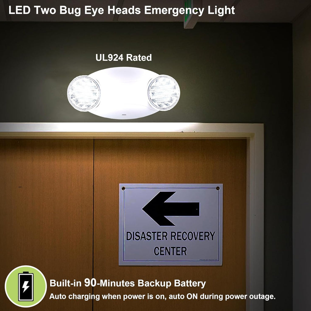 LIT-PaTH LED Emergency Lighting Fixtures with 2 LED Bug Eye Heads and Back Up Batteries- US Standard Exit Light, UL 924 and CEC Qualified, 120/277 Voltage, White, 12-Pack