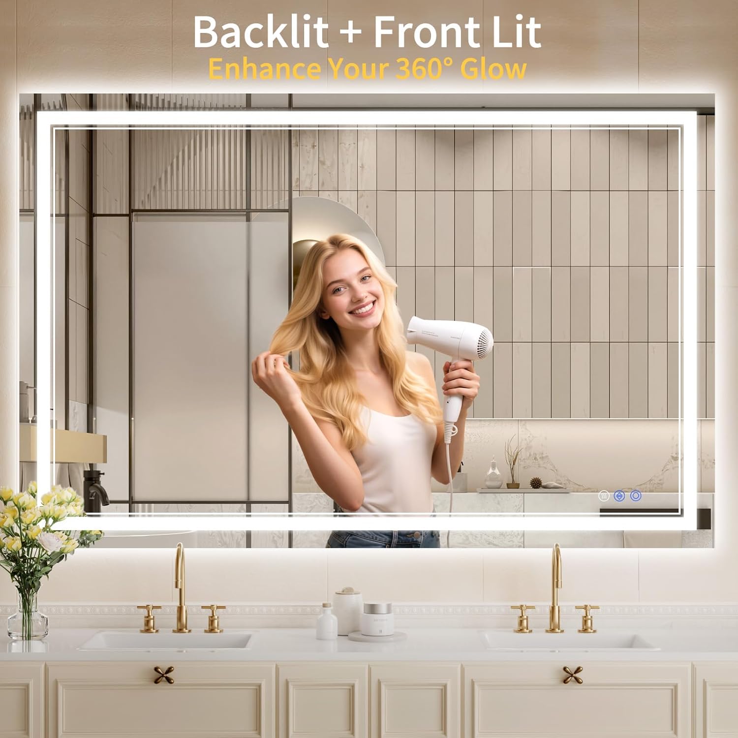 36"x55" LED Bathroom Mirror with Lights, Anti-Fog, Backlit + Front Lit, Dimmable, Led Vanity Mirror for Wall, Lighted Bathroom Mirror, 3 Colors, Shatter-Proof Tempered Glass