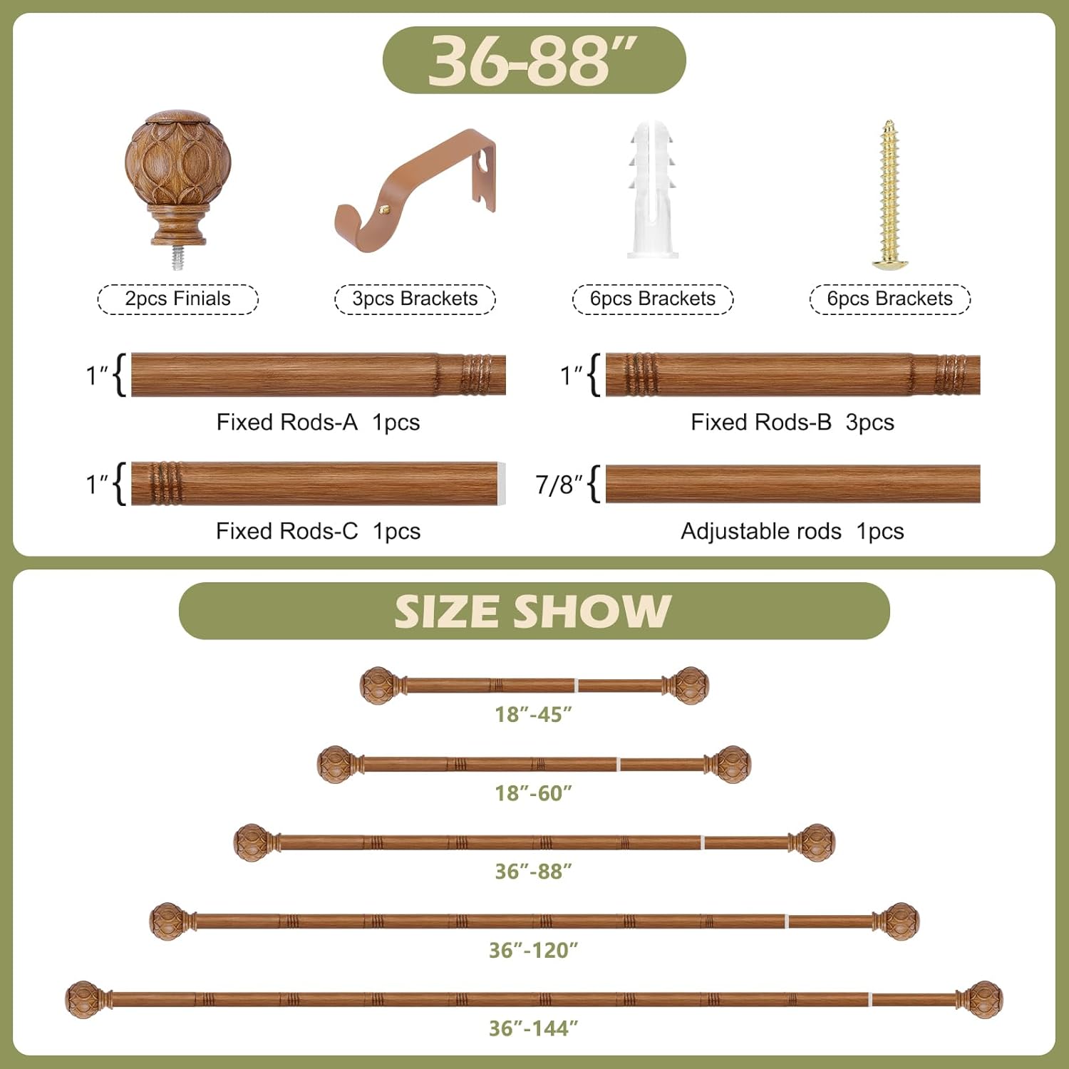 Wood Boho Curtain Rods for Windows:36-88Inch Wooden Farmhouse Curtain Rod for Bedroom Living Room,Heavy Duty Adjustable Rustic Decorative Drapery Rods with Vintage Imitation Wood Finial,Brown