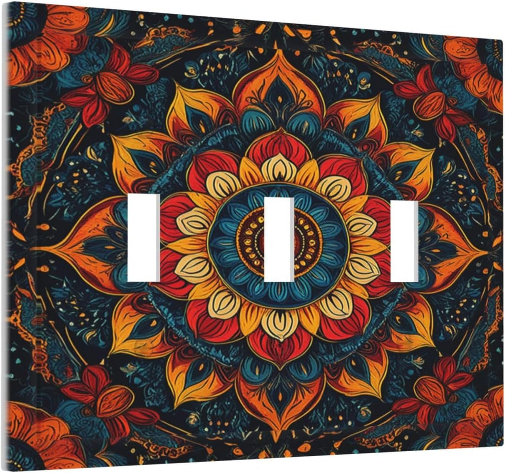 Light Switch Covers Boho Colorful Mandala 3 Gang Wall Plates Triple Toggle Outlet Cover Decorative Switchplates Electrical Panel Cover for Kitchen Living Room 4.8 X 6.7 IN