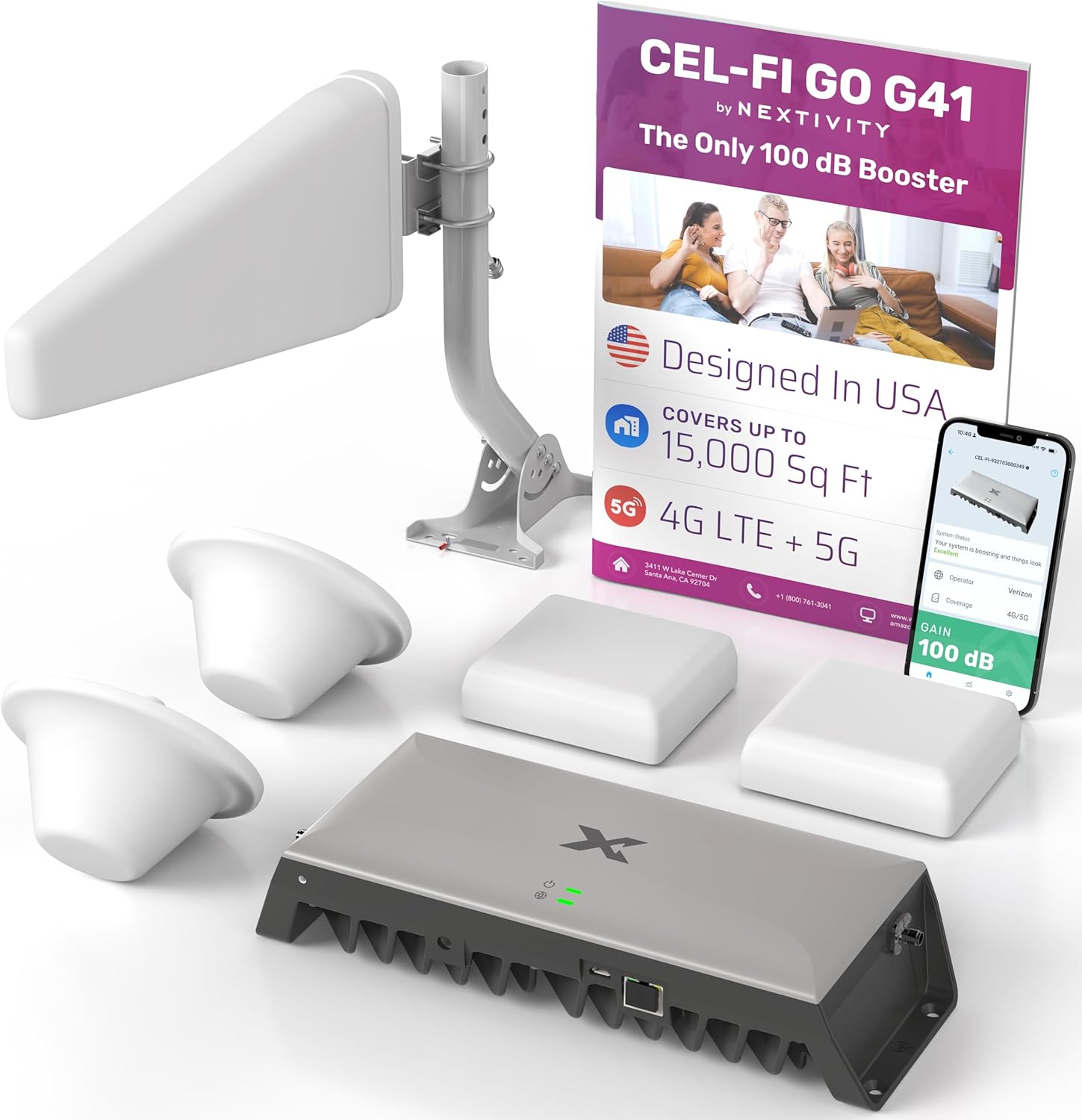 CEL-FI GO G41 | Cell Phone Booster for Home | 4G, 5G, AT&T, Verizon & T-Mobile | Up to 15,000 Sq Ft Coverage | 100 dB Cell Phone Signal Booster | FCC Approved (2X Indoor Antenna Kit)