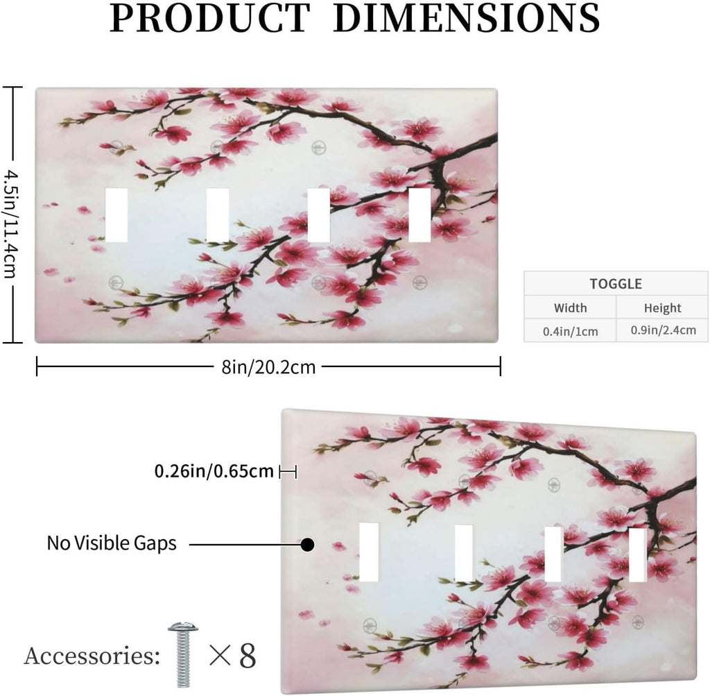 Branch with Pink Flowers Light Switch Covers Quad Toggle 4 Gang Wall Plate Decorative Switchplate Electrical Faceplate for Farmhouse Bathroom Living Decor