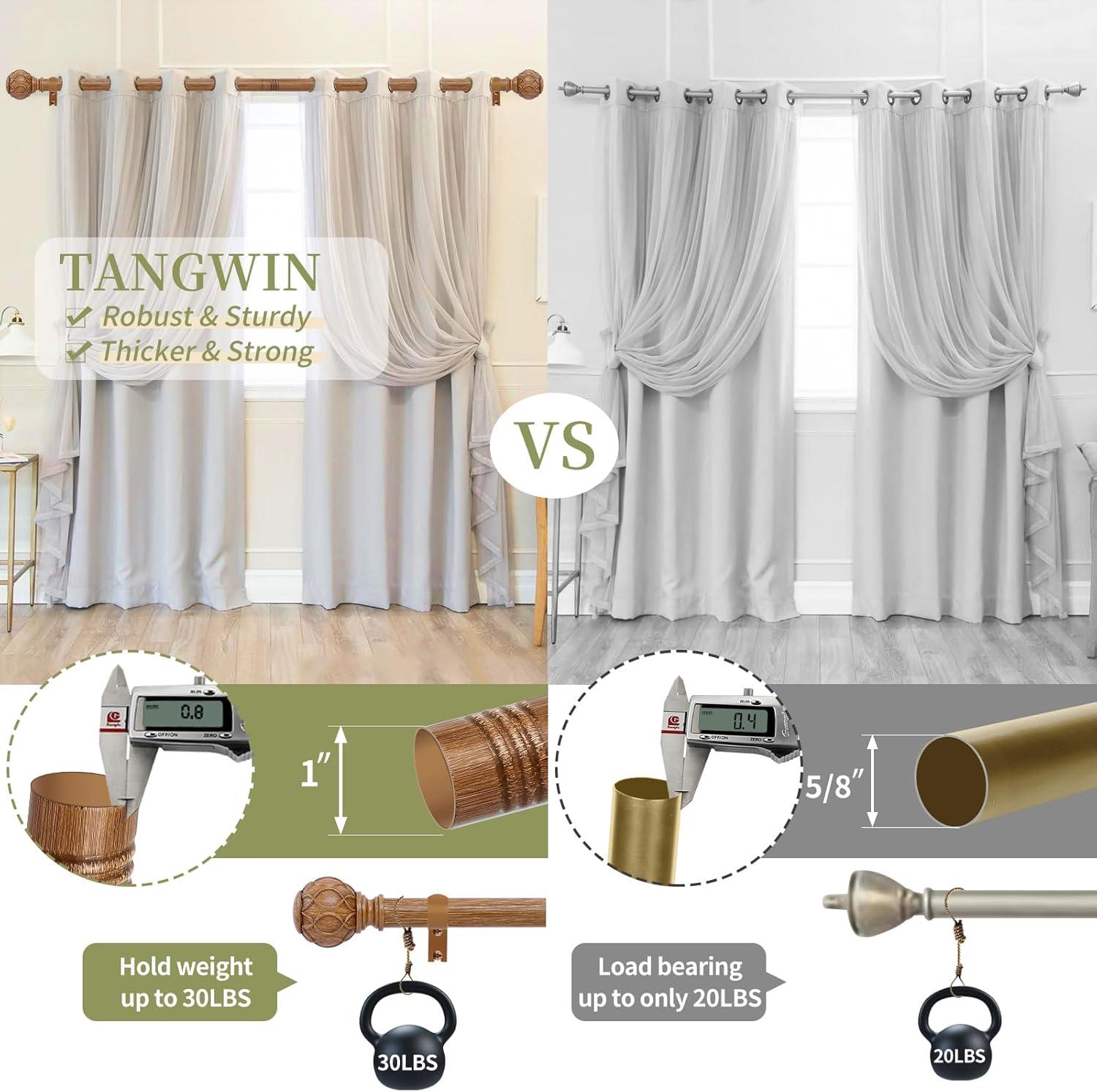 Wood Boho Curtain Rods for Windows:36-88Inch Wooden Farmhouse Curtain Rod for Bedroom Living Room,Heavy Duty Adjustable Rustic Decorative Drapery Rods with Vintage Imitation Wood Finial,Brown