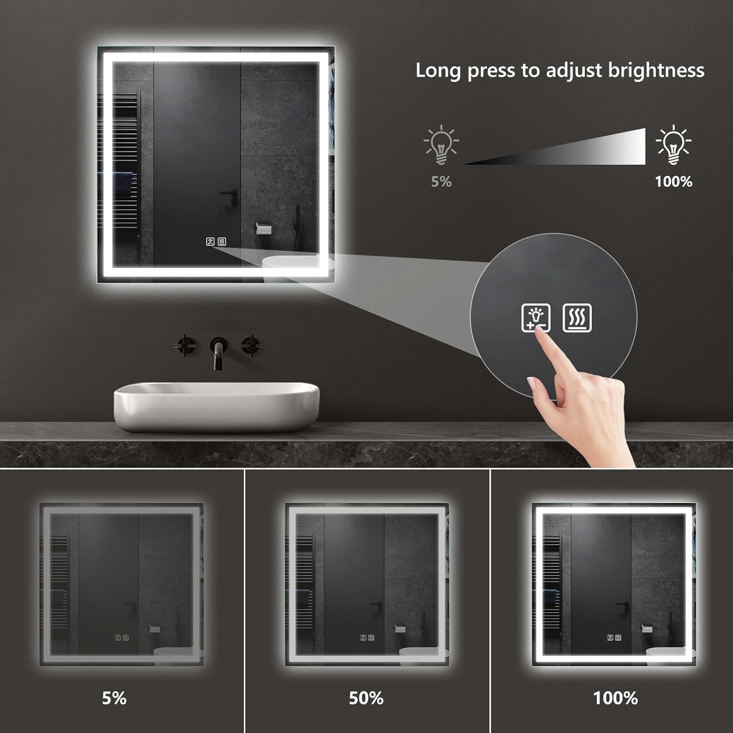 APRILSOUL 30x30 Inch LED Bathroom Mirror with Front and Backlit, Makeup Mirror with 3 Color Lights, Memory Function, Anti-Fog and Dimmable Light (Horizontal)