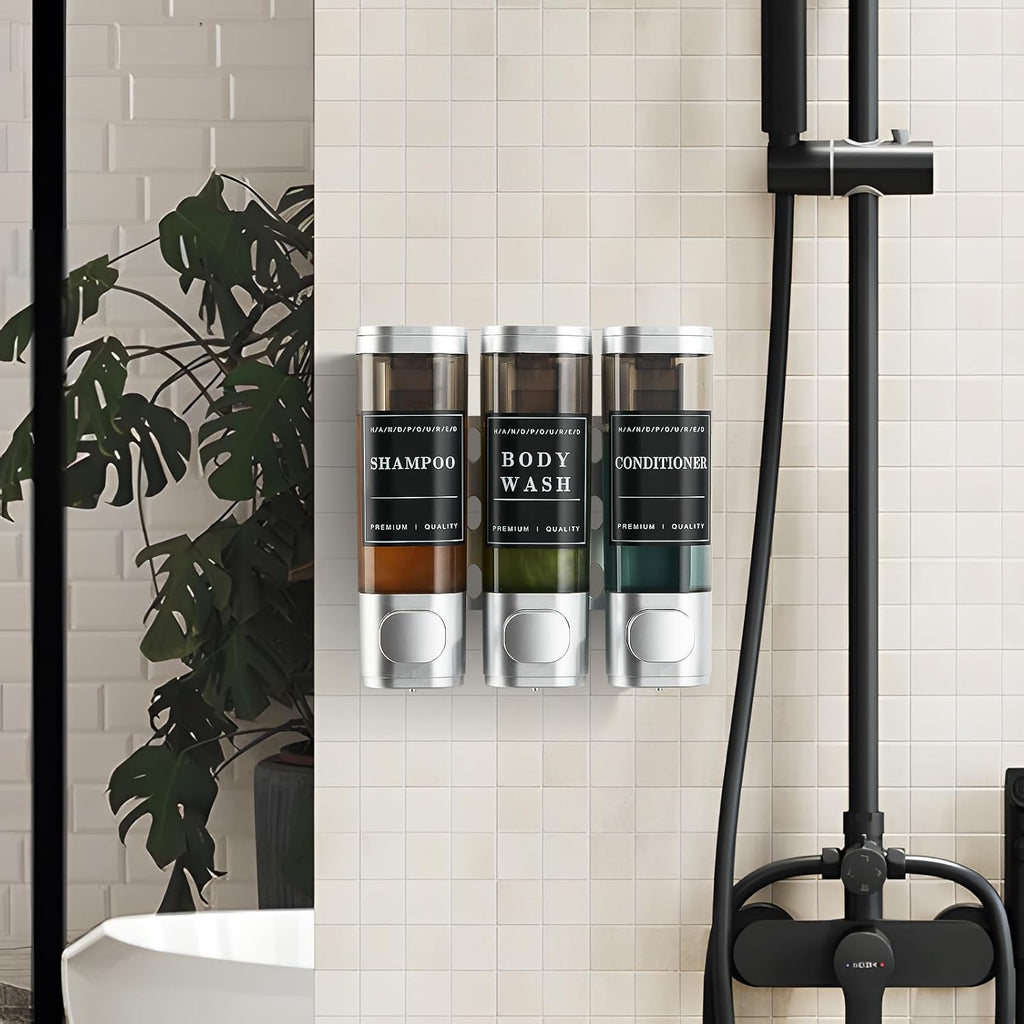 Shower Soap Dispenser 3 Chamber No Drill Wall-Mounted,Shampoo and Conditioner Dispenser Shampoo Dispenser for Shower Wall Mounted Body Wash Dispenser for Bathroom Hotel Kitchen Large Capacity