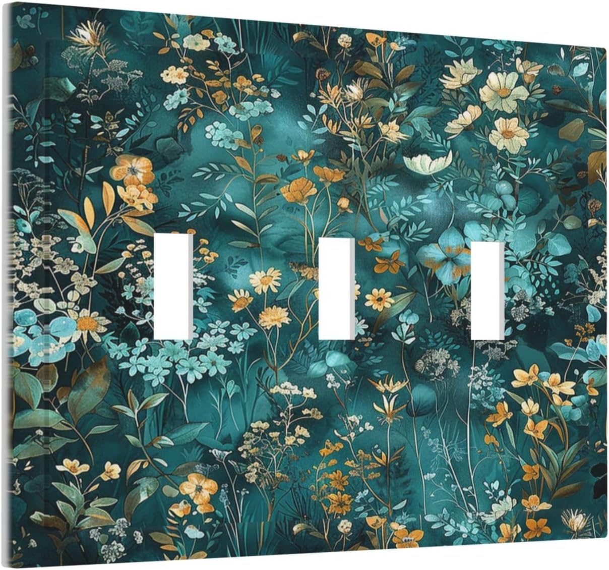 Decorative Switch Plates Green Leaf Floral Boho Golden Flower Plant 3 Gang Wall Plate Triple Toggle Light Switch Cover Faceplate Electrical Wall Panels For Bed Room Cabin Decor