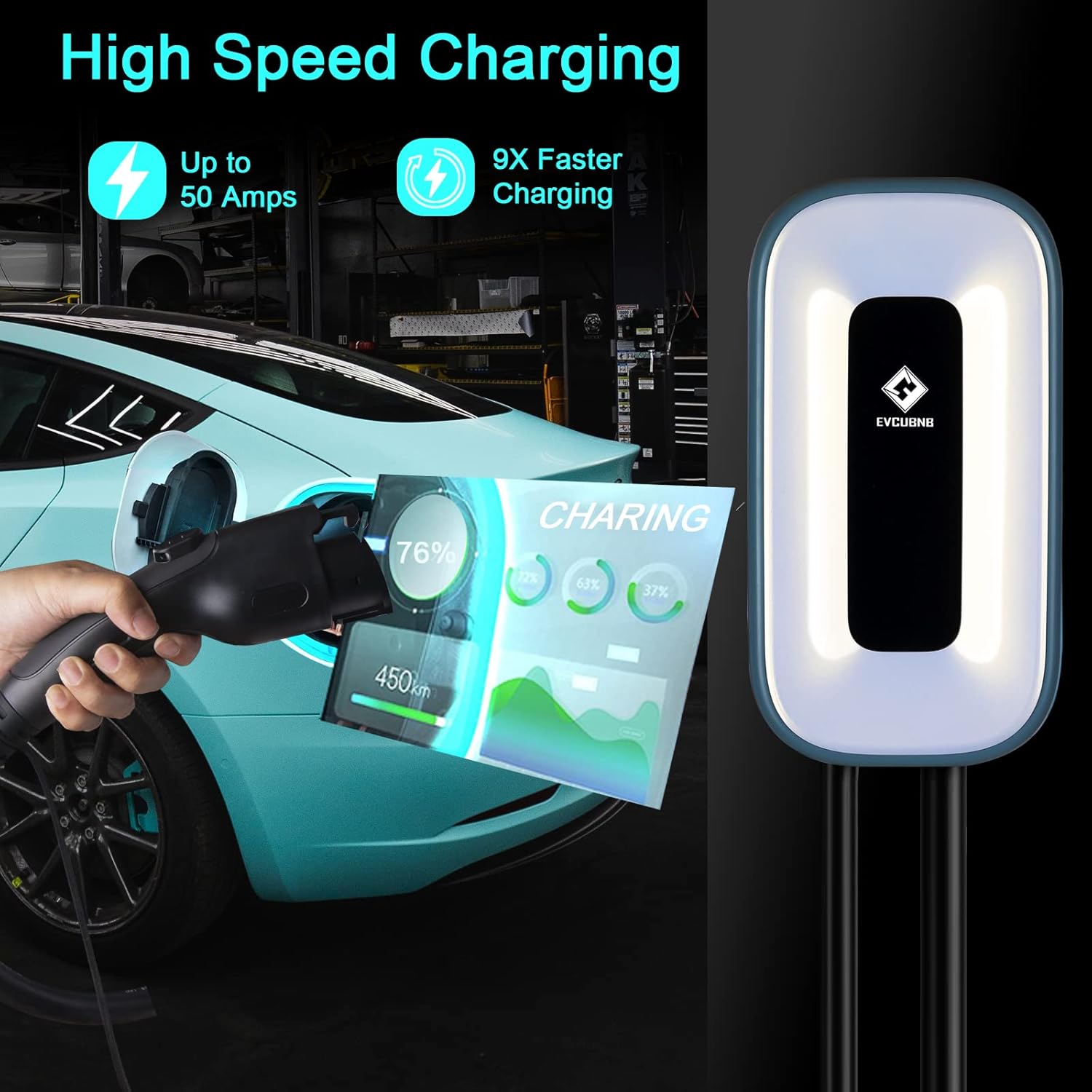 EV Charger Level 2，50 Amp, 240V Level 2 Charger,Indoor/Outdoor EVSE, 25Ft,WiFi/APP/RFID Card
