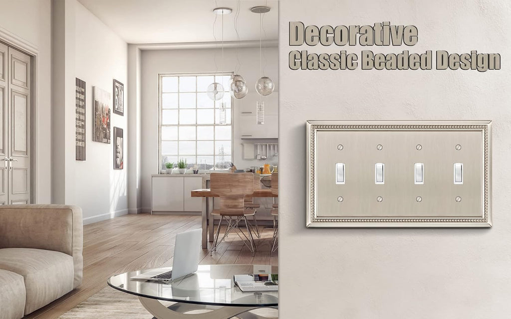 Henne Bery Sunken Pearls Heavy Duty Decorative Wall Plate Switch Plate Outlet Cover (Quad Toggle, Satin Nickel)
