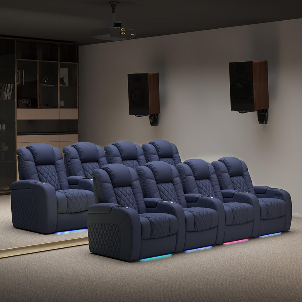 Weilianda Home Theater Seating Top Grain Leather Zero Gravity Recliner Chair Power Headrest Recline Movie Seat Gaming 7 Colors Mood Light Sofa with Tray Table USB Charge Row of 2 Loveseat Blue