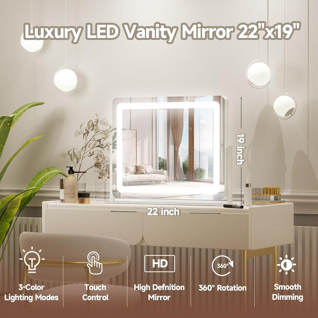 PRIMETEK Vanity Mirror with Lights, 22"x19" Large Makeup Mirror with Lights, Hollywood LED Lighted Makeup Mirror, Touch Sensor with 3-Color Lighting, Dimmable for Vanity Desk Tabletop, Bedroom, White