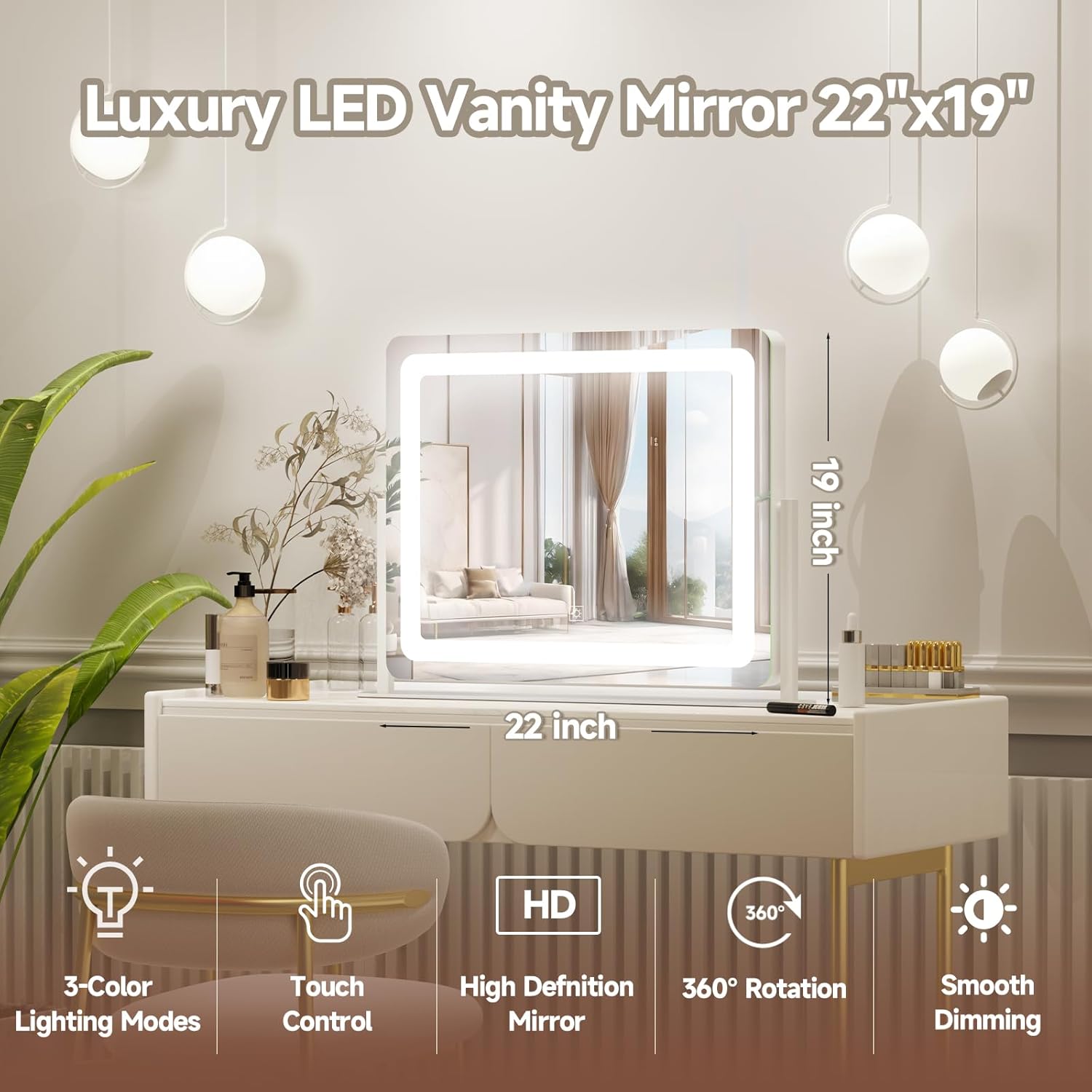 PRIMETEK Vanity Mirror with Lights, 22"x19" Large Makeup Mirror with Lights, Hollywood LED Lighted Makeup Mirror, Touch Sensor with 3-Color Lighting, Dimmable for Vanity Desk Tabletop, Bedroom, White