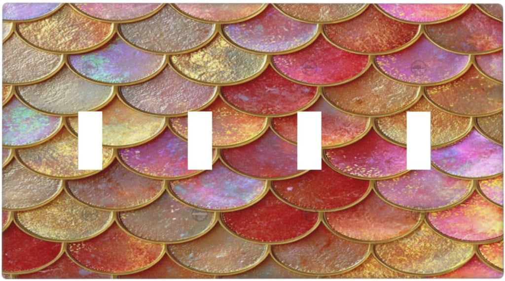 Mermaid Glitter Scale Rainbow Gold Fish Scales Light Switch Covers Quad Toggle Electrical Faceplate 4 Gang Wall Plate Decorative Switch Plates for Bed Room Home Decor