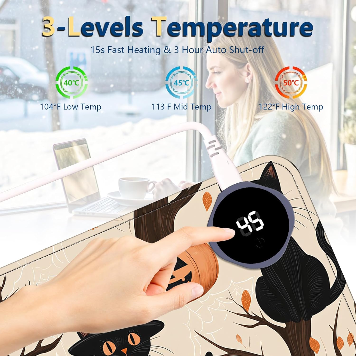 Heated Mouse Pad with 3 Temperature Settings(104°F–122°F),Large 24x14.2 Inch PU Leather Heated Desk Mat,Waterproof Warming Pad for Office,Gaming & Cold Hands Relief,Black Cats Pumpkins