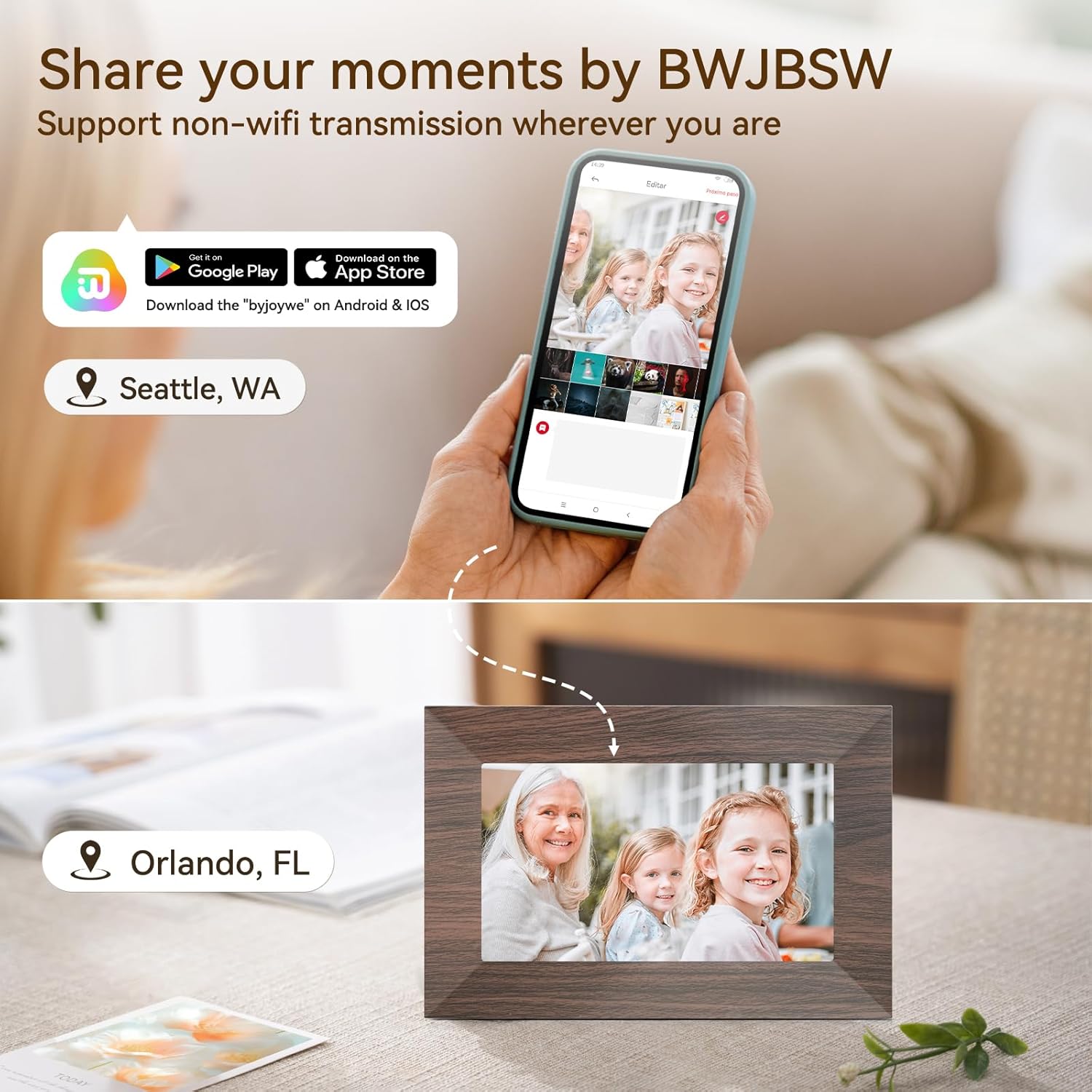 7” Digital Picture Frame with 32GB Storage, WiFi Digital Photo Frame 1024x600 HD IPS Touchscreen, Easy Setup for Photo & Video Sharing via Free App, Light Brown Wood Grain