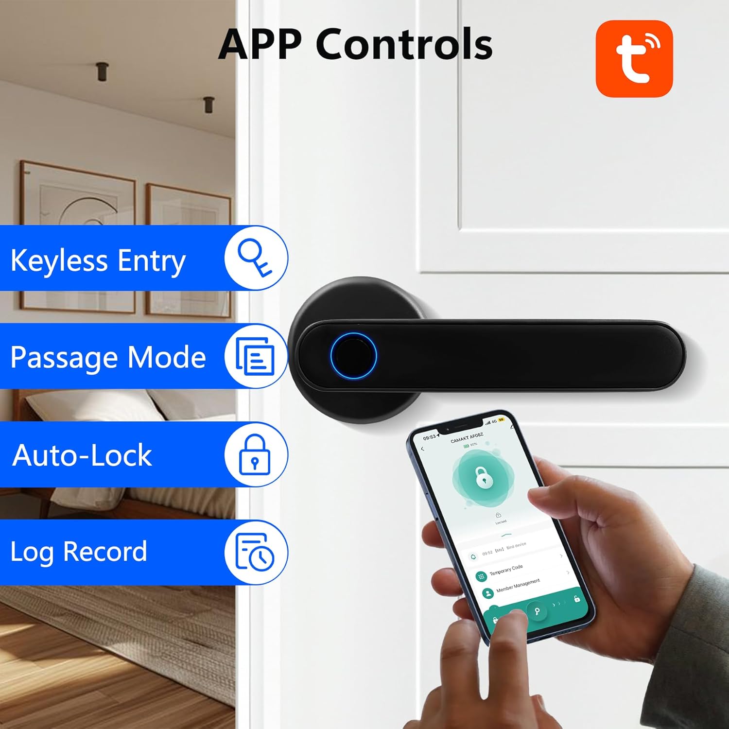 Fingerprint Smart Door Lock, Biometric Door Lock with App for Bedroom, Home, Apartment, Hotel (Black)